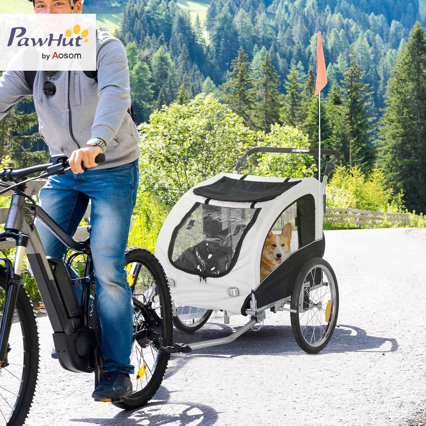 Aosom Dog Bike Trailer 2-in-1 Pet Stroller with Canopy and Storage Pockets