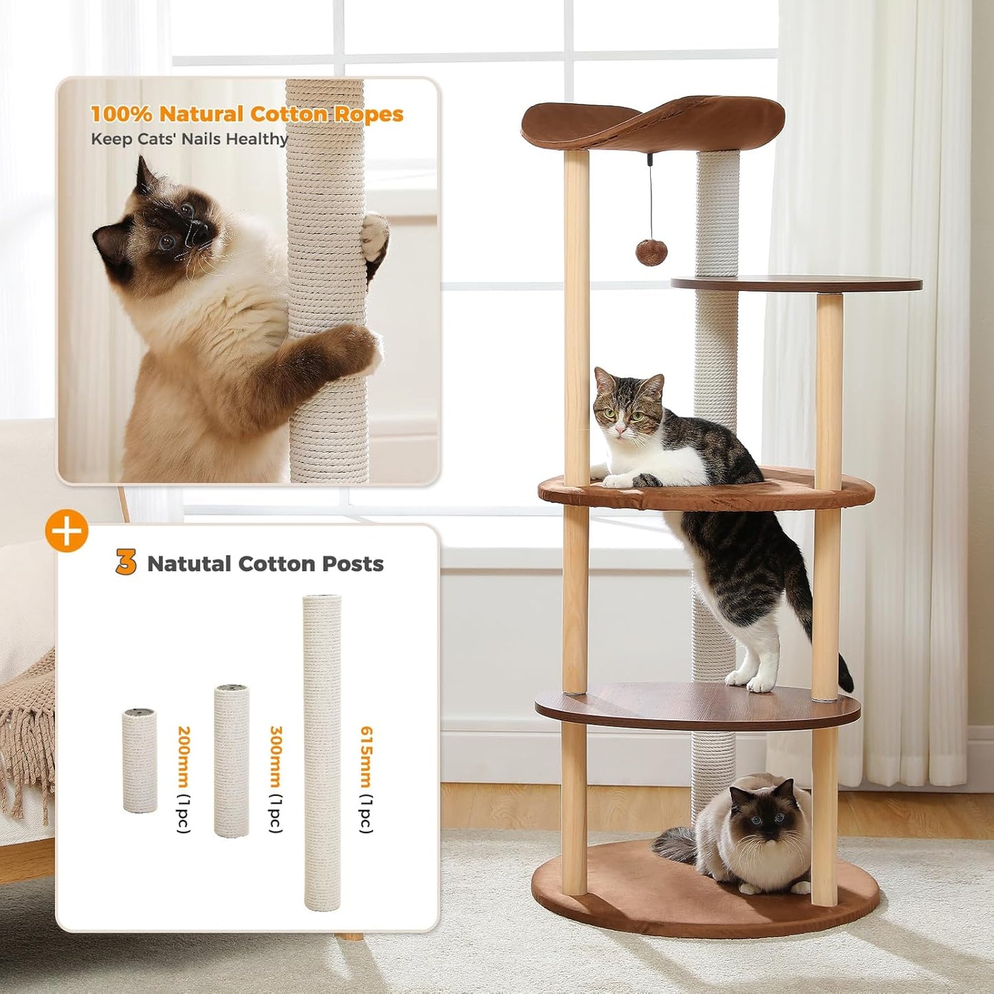 PETEPELA Wood Cat Tree Tower for Indoor Cats,5-Level Modern Cat Tree Cat Activity Center with Scratching Posts, Brown
