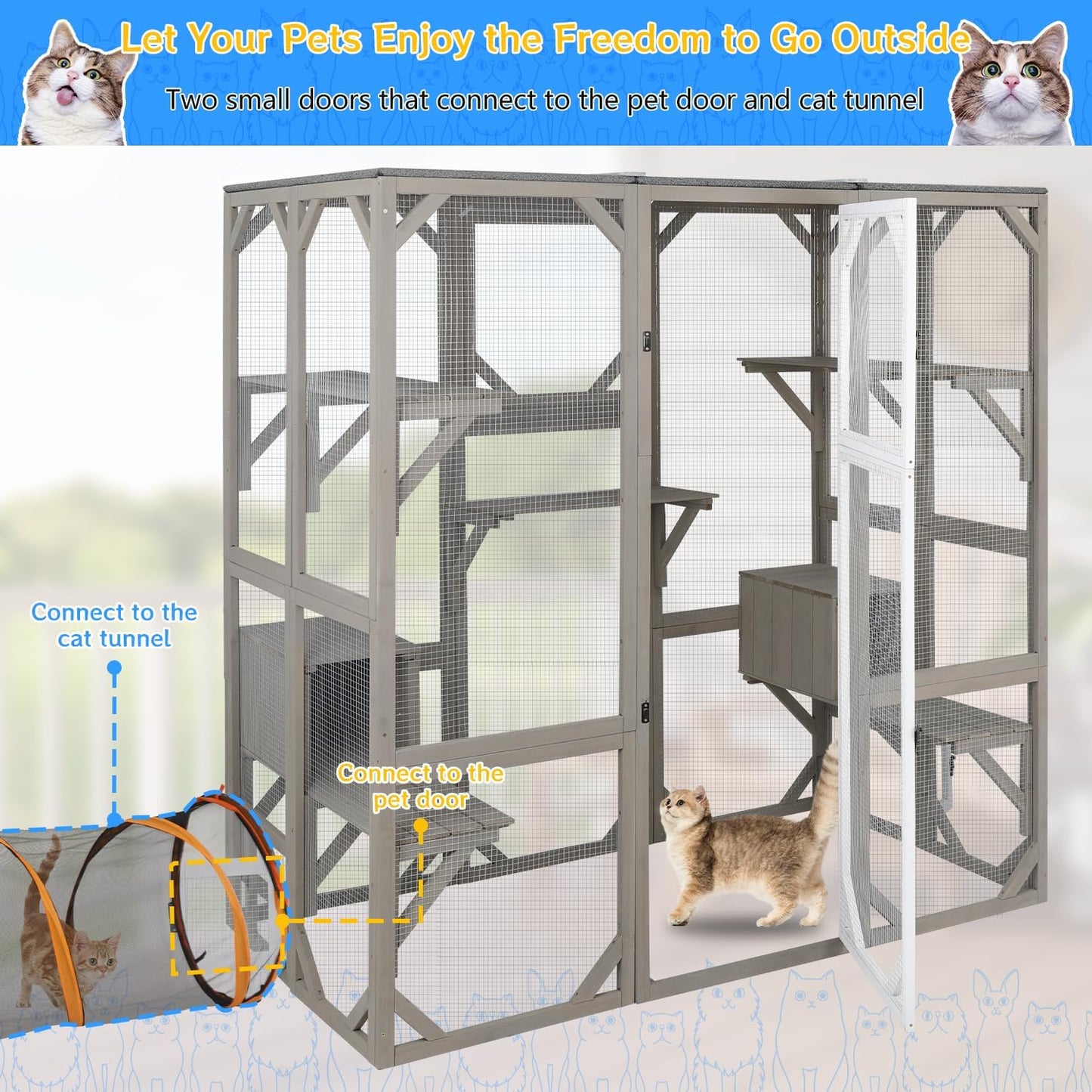 Catio Outdoor Cat Enclosure Cat House, Large Wooden Walk-in Cat Cage Condo Indoor Playpen with Multi Platforms, Flat Roof, and 2 Resting Box (Grey, 70.9" L x 36.5" W x 70.9" H)