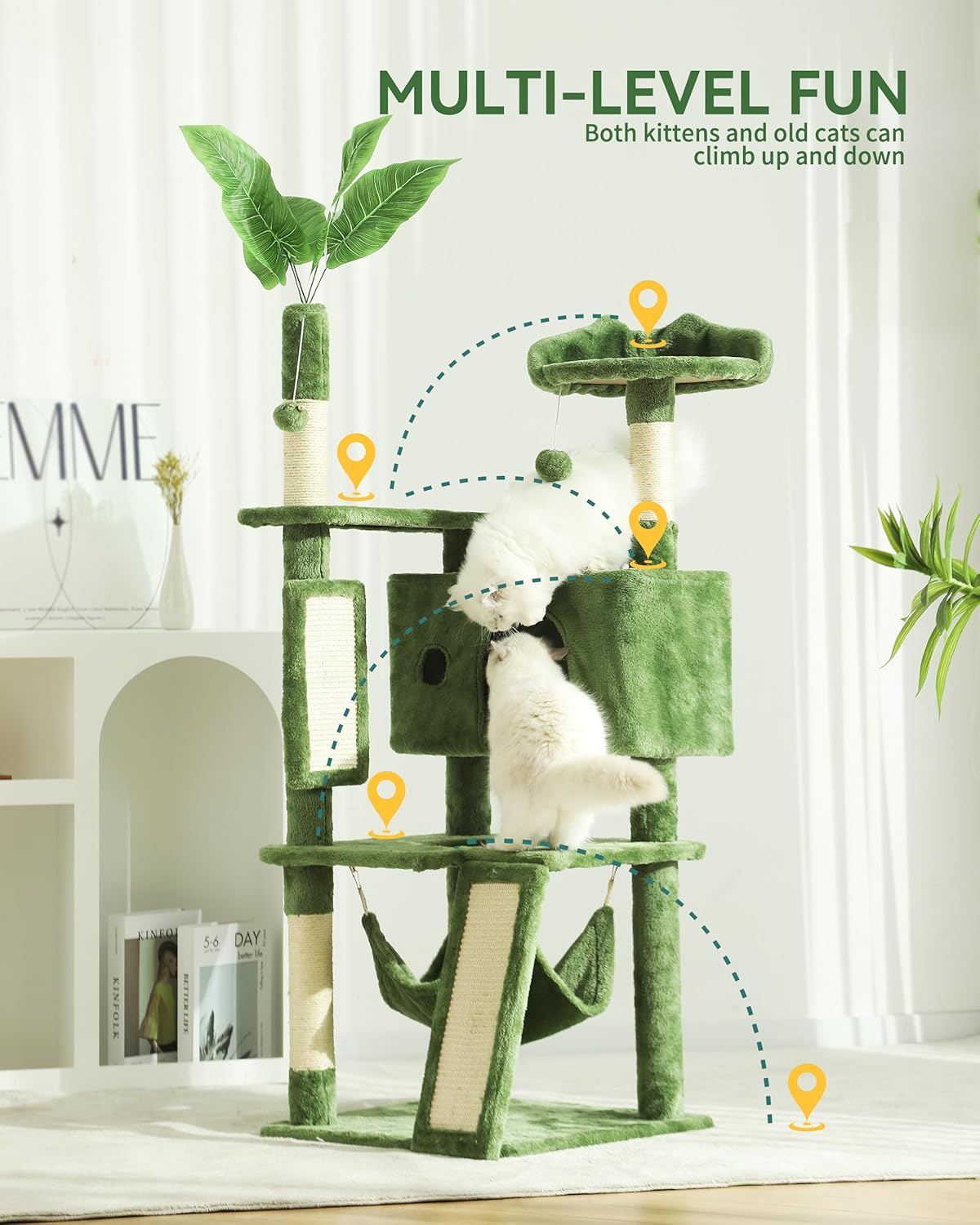 Hoopet 63IN Cat Tree Tower for Indoor Cats Large Adult, Cat Scratching Posts Featuring with Scratching Boards, Wide Plush Perch and Interactive Dangling Balls Ideal for Multi-Cat Households