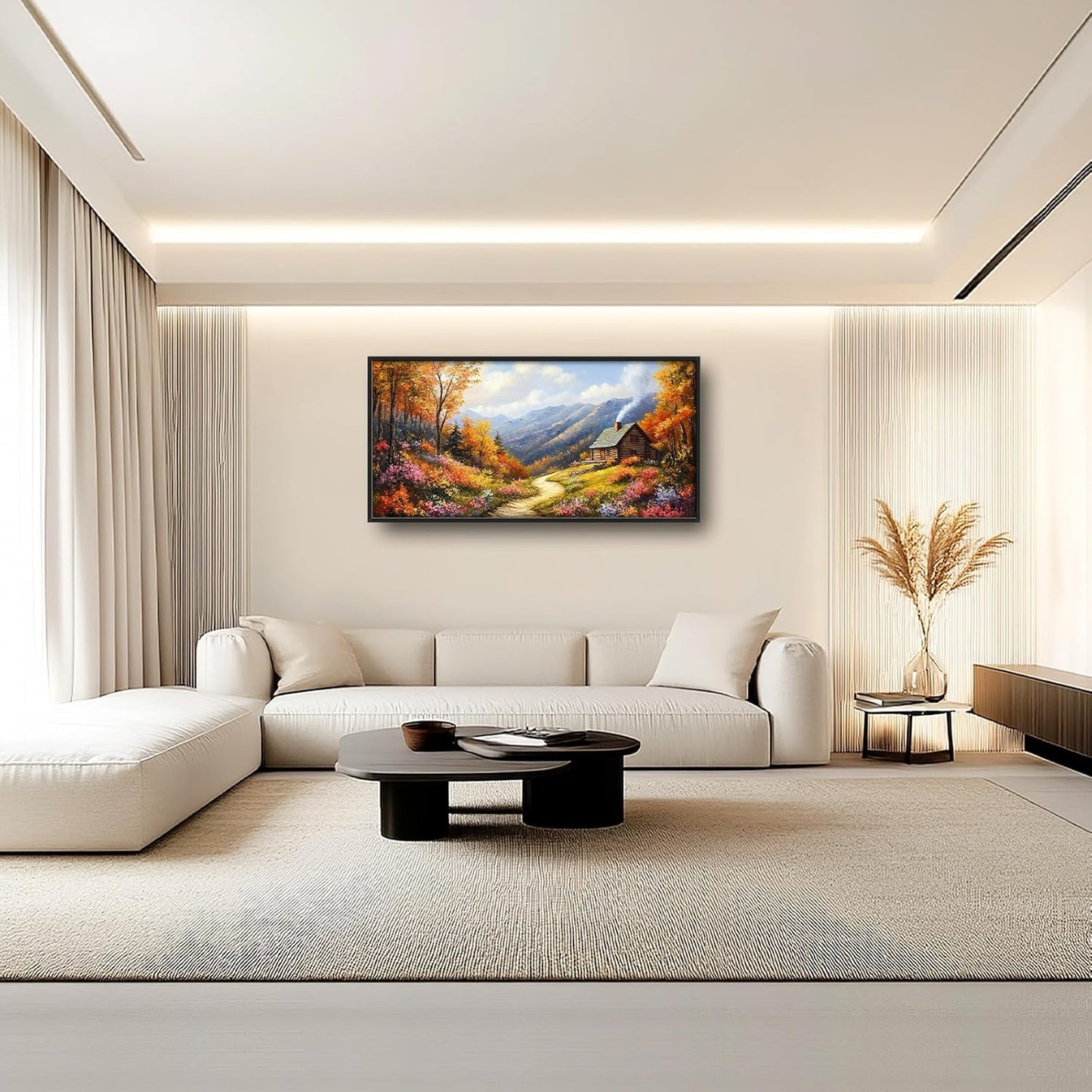 Framed Large Autumn Mountain Wall Art for Living Room, Oversized Wildflower Tree Wall Decor Nature Landscape Canvas Painting Modern Artwork Home Decoration for Living Room Bedroom 60"x30"