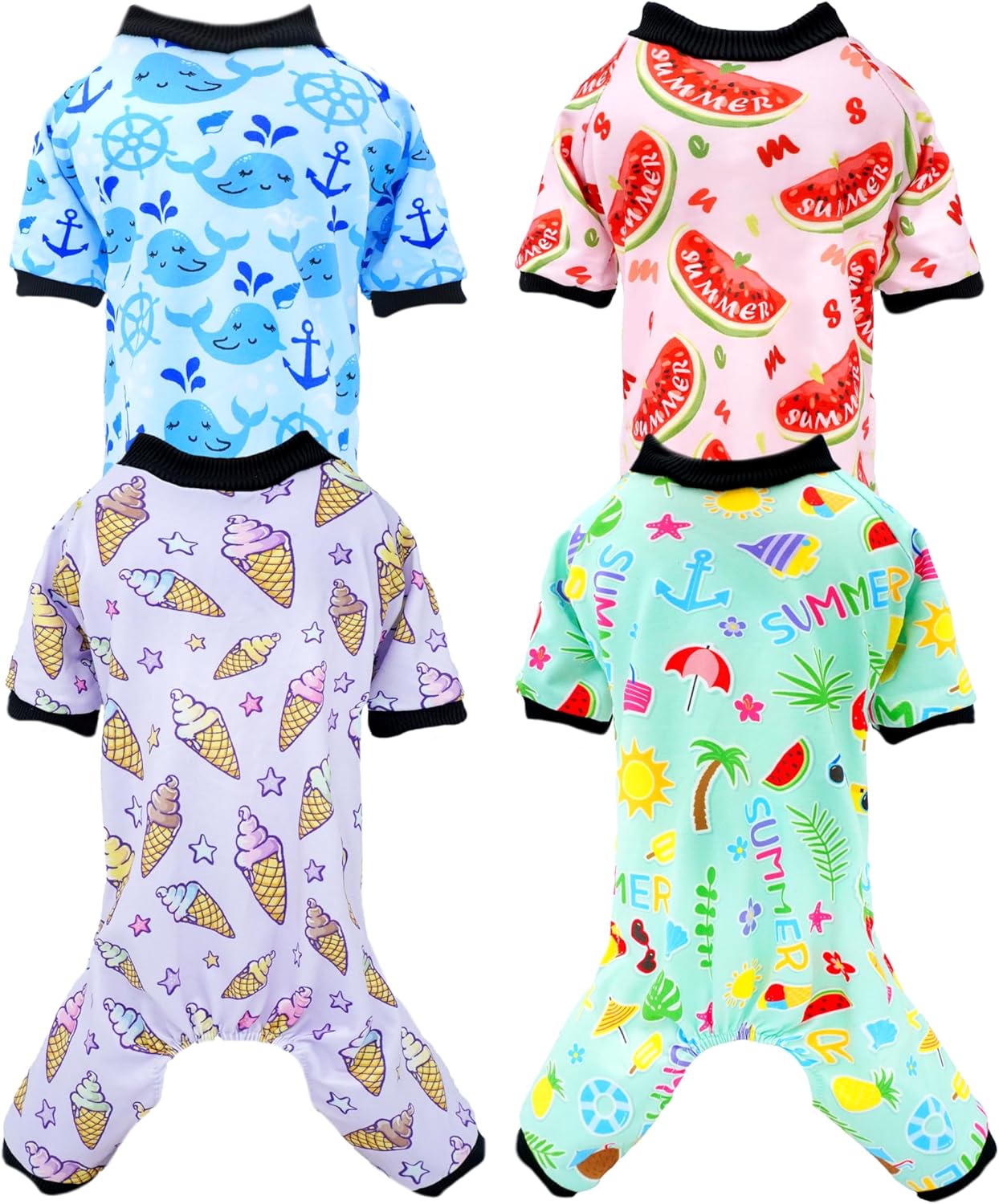 PET SHOW 4 Pack Small Dog Pajamas for Medium Dogs Girl Boy Watermelon Soft Stretchy PJs Whale Ice Cream Jumpsuit Puppy Floral Onesies Outfits with Sleeve Pets Breathable Summer Dog Clothes Costume L