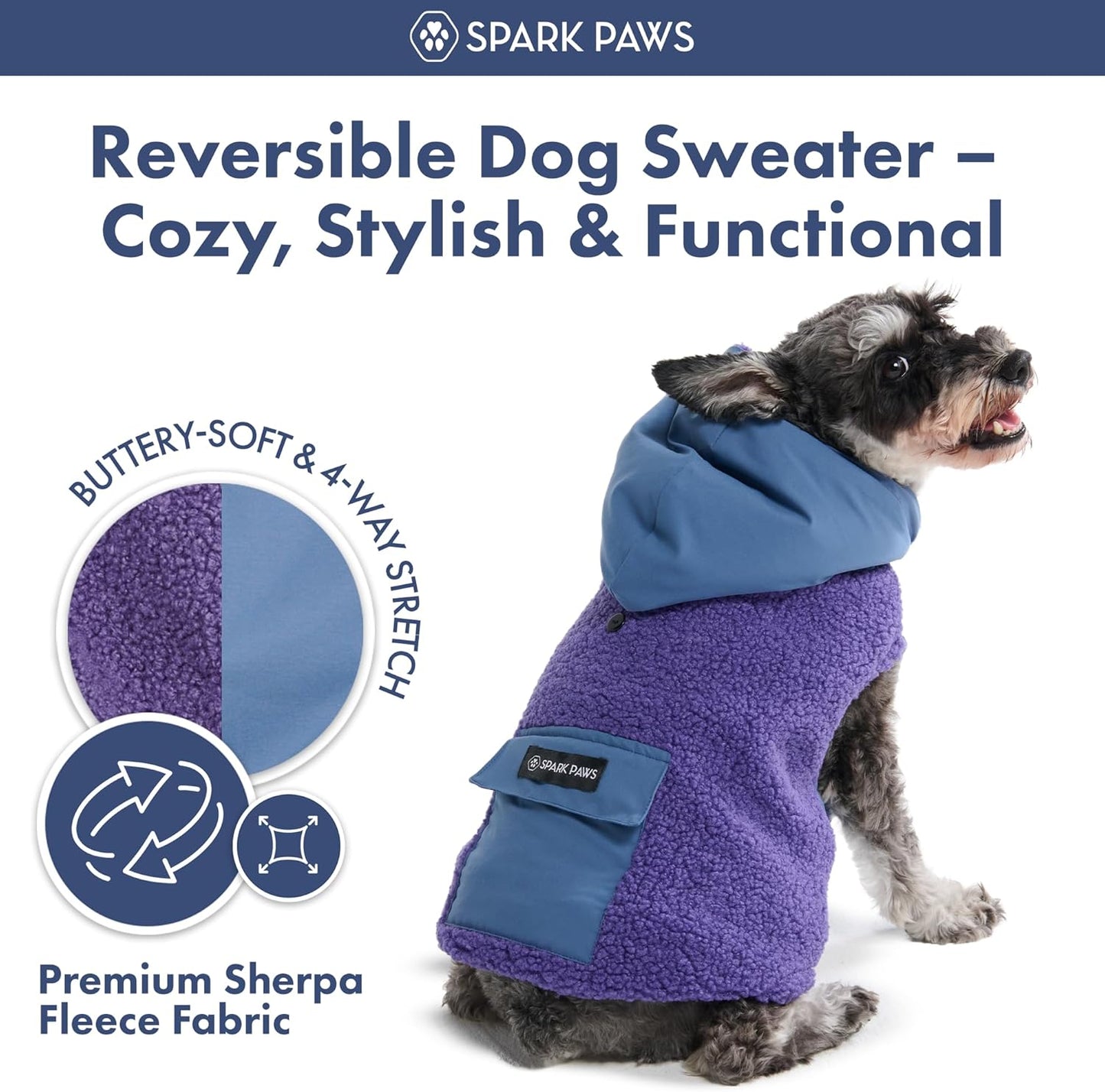 Spark Paws Reversible Dog Sweater, Sherpa Jacket Vest with Warm Fleece Lining, Warm Coat for Winter, Suitable for Small Medium, Large, XL XXL Dogs - Purple and Navy Blue - 4XL