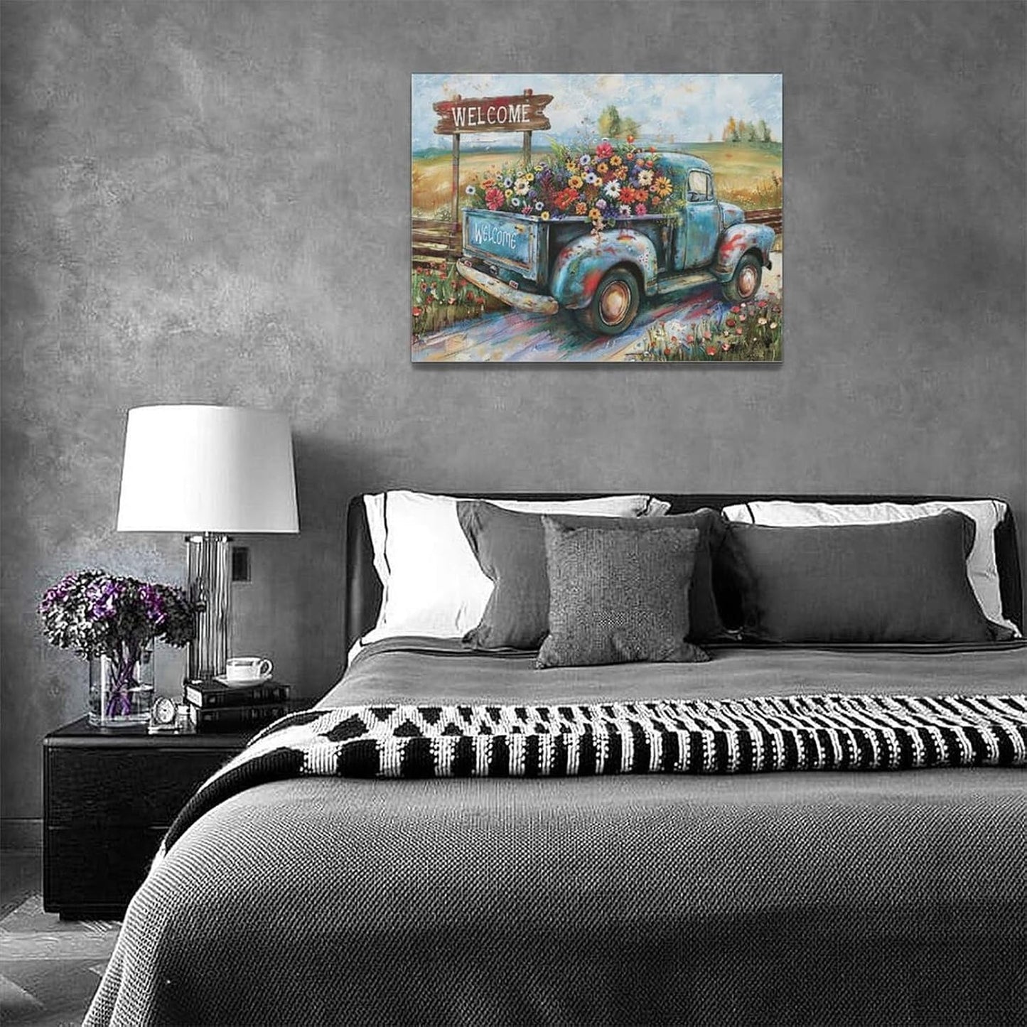 Farmhouse Truck Wall Art Rustic Country Wildflowers Wall Decor Road Flowers Landscape Pictures Canvas Print Painting Artwork for Bathroom Living Room Bedroom 12"x16"