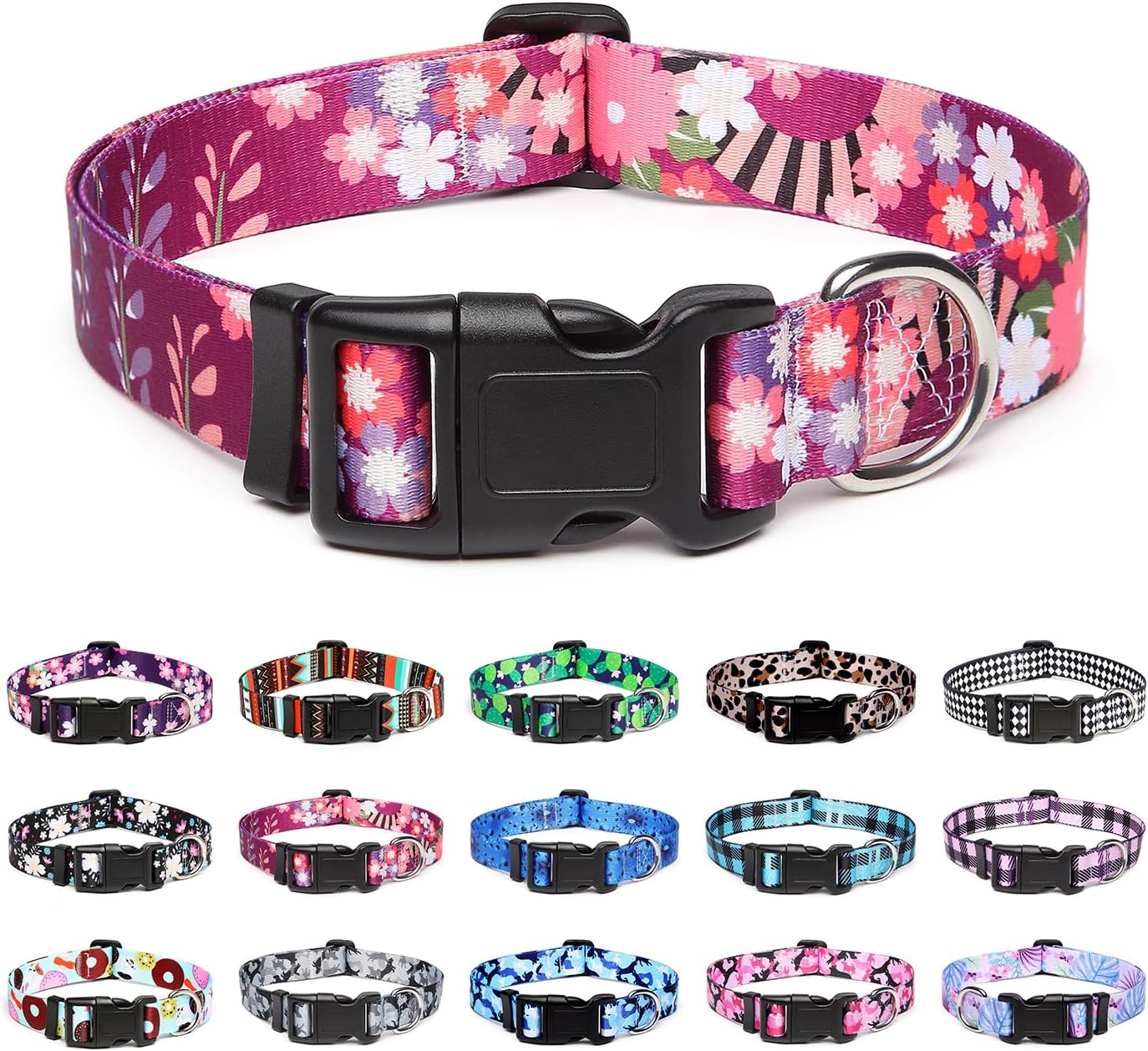 Mercano Adjustable Dog Collar - Special Design Patterns, Soft Nylon Comfortable Durable Pet Collar for Small Medium Large Dogs (M, Colorful Flower)