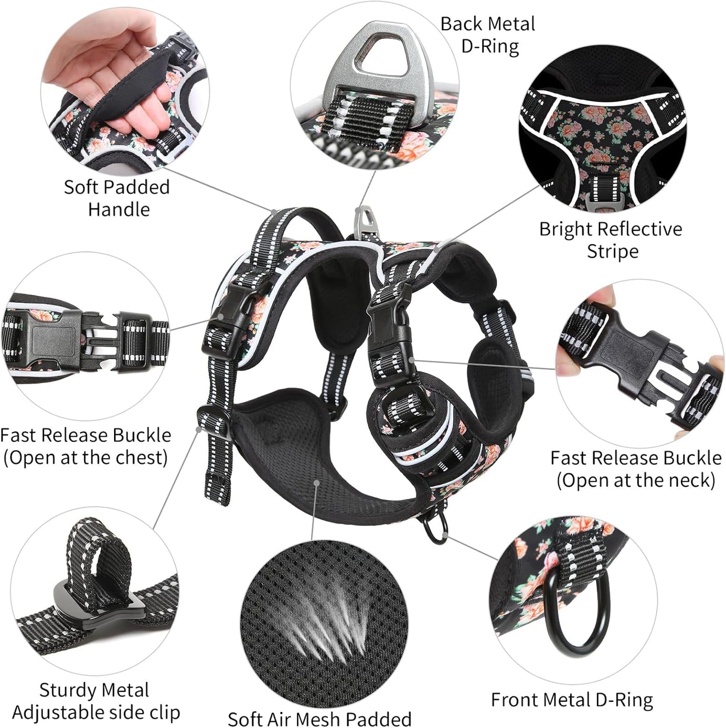Timos No Pull Dog Harness,NO Need Go Over Dogs Head 3 Snap Buckles Reflective Oxford No Choke Harness with Front&Back 2 Metal Leash Clips Soft Padded for Small Medium Large Dogs,X-Large (Pack of 1)