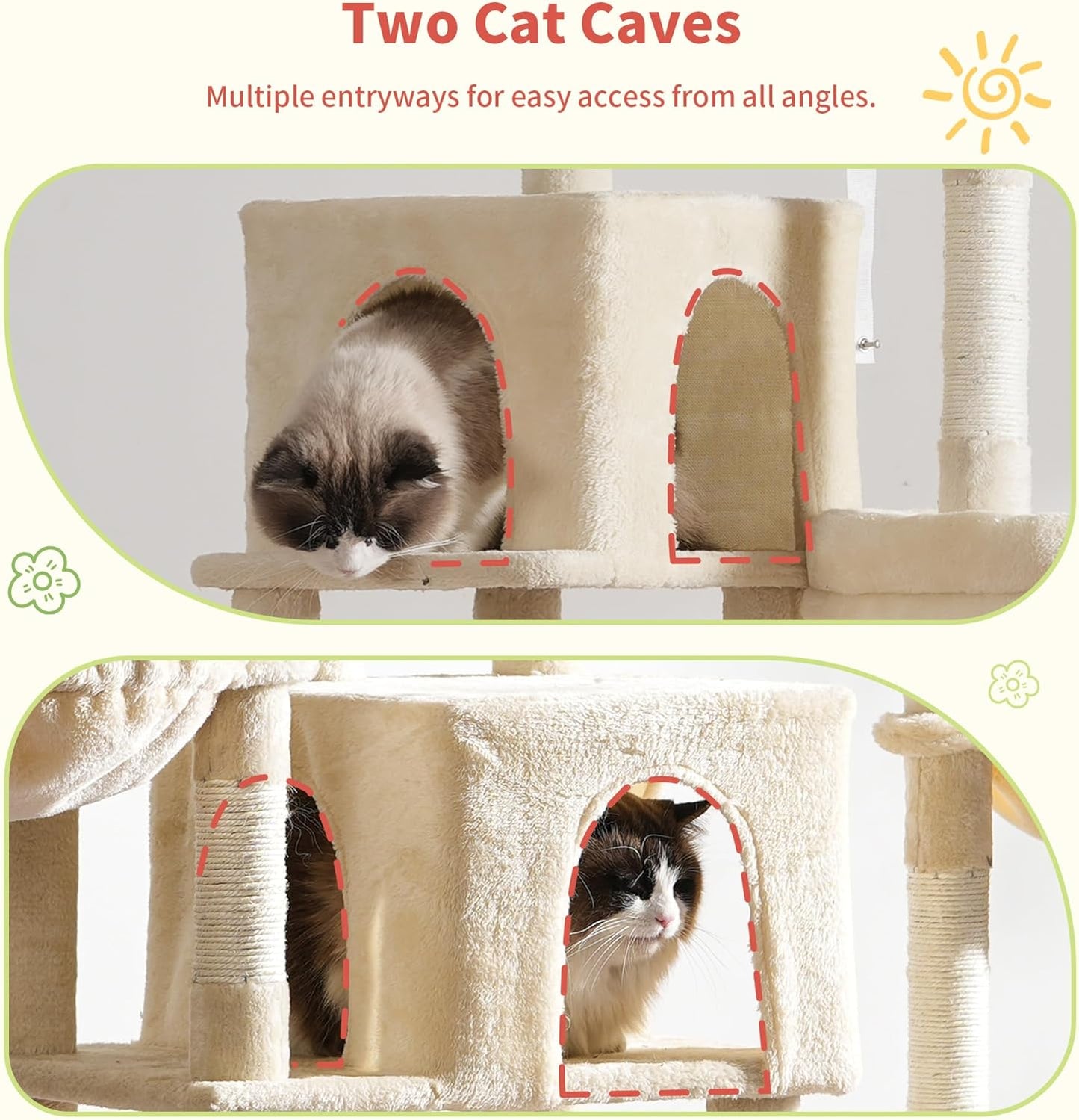 Hey-brother Cat Tree Tower, Scratching Posts with a Extended Part, Wide Platforms, Cozy Condos, Hammocks, Sisal Columns and Ball for Indoor Cats, 70.1 Inches, Beige MPJ038M