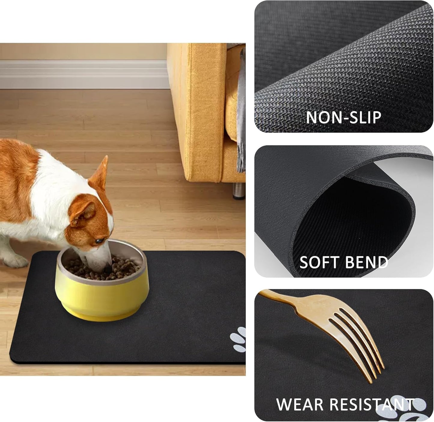 YCT Pet Food Mat for Dogs and Cats - Non-Slip Super Absorbent Feeding Bowl Mat With Footprints Logo - 24 x 16.9 Inches, Brown