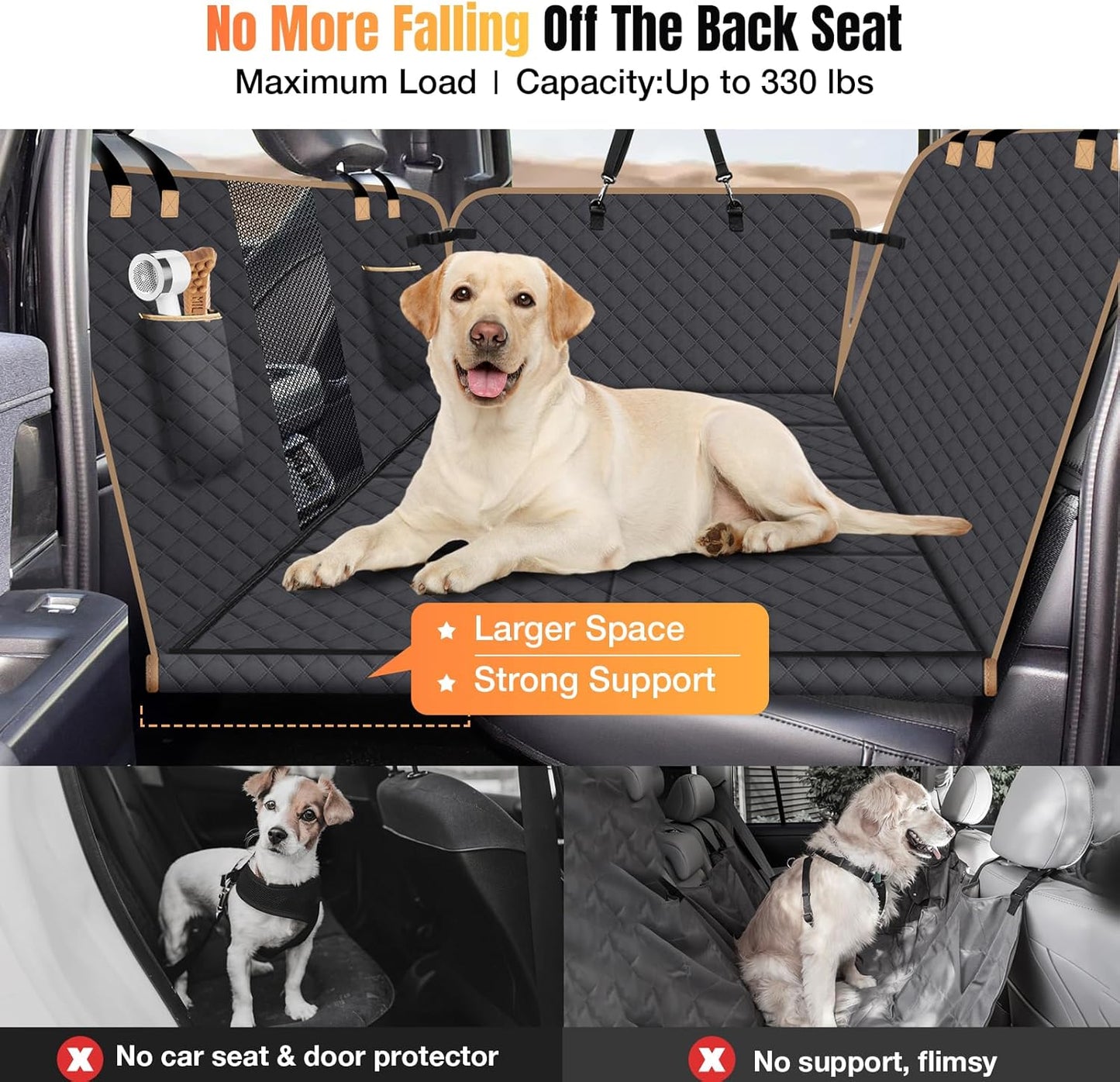 Dog Car Seat Cover for Back Seat, Larger Dog Car Bed Cover with Hard Bottom, Backseat Extender Hammock for Full SizeTruck/SUV 8 Panels - Black