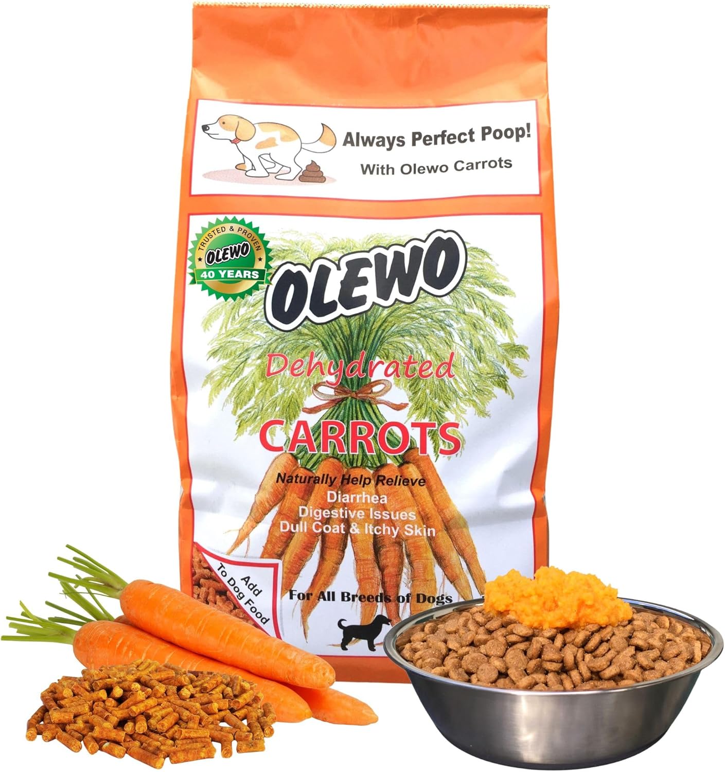 Olewo Original Carrots for Dogs – Fiber for Perfect Poop, Dehydrated Dog Food Toppers for Picky Eaters, Natural Skin & Coat Support, Multivitamin, Probiotics for Digestive & Gut Health, 2.2 lbs