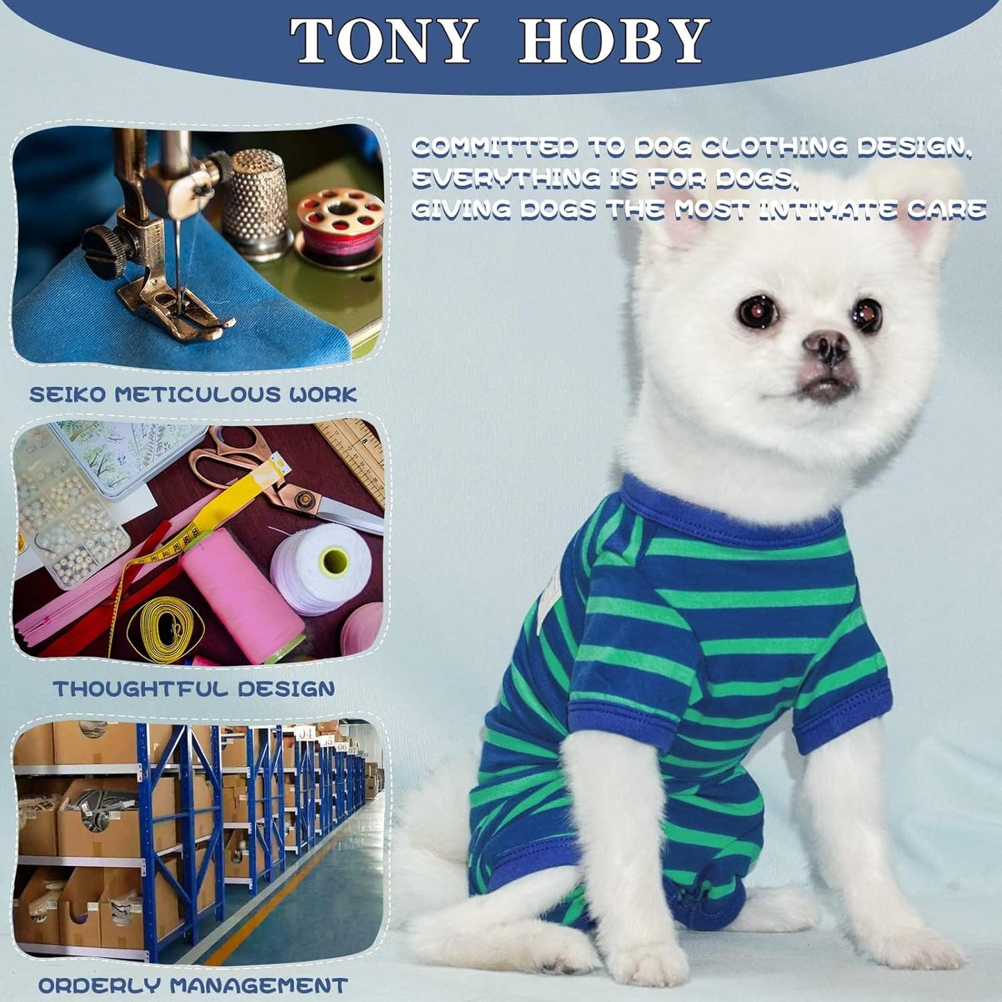 TONY HOBY Dog Pajamas for Female/Male, Dog Jumpsuit with Stripes for Small Medium Dogs, Soft and Comfortable 4 Legged Pajamas Dogs Clothes (Blue&Green, Boy, S)