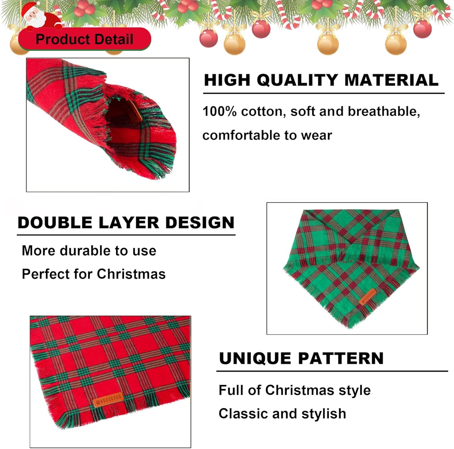 ADOGGYGO Christmas Dog Bandanas with Tassels, Red Green Plaid Pet Xmas Scarf Bib, Multiple Sizes, Christmas Bandana for Medium Large Dogs Pets (Large)