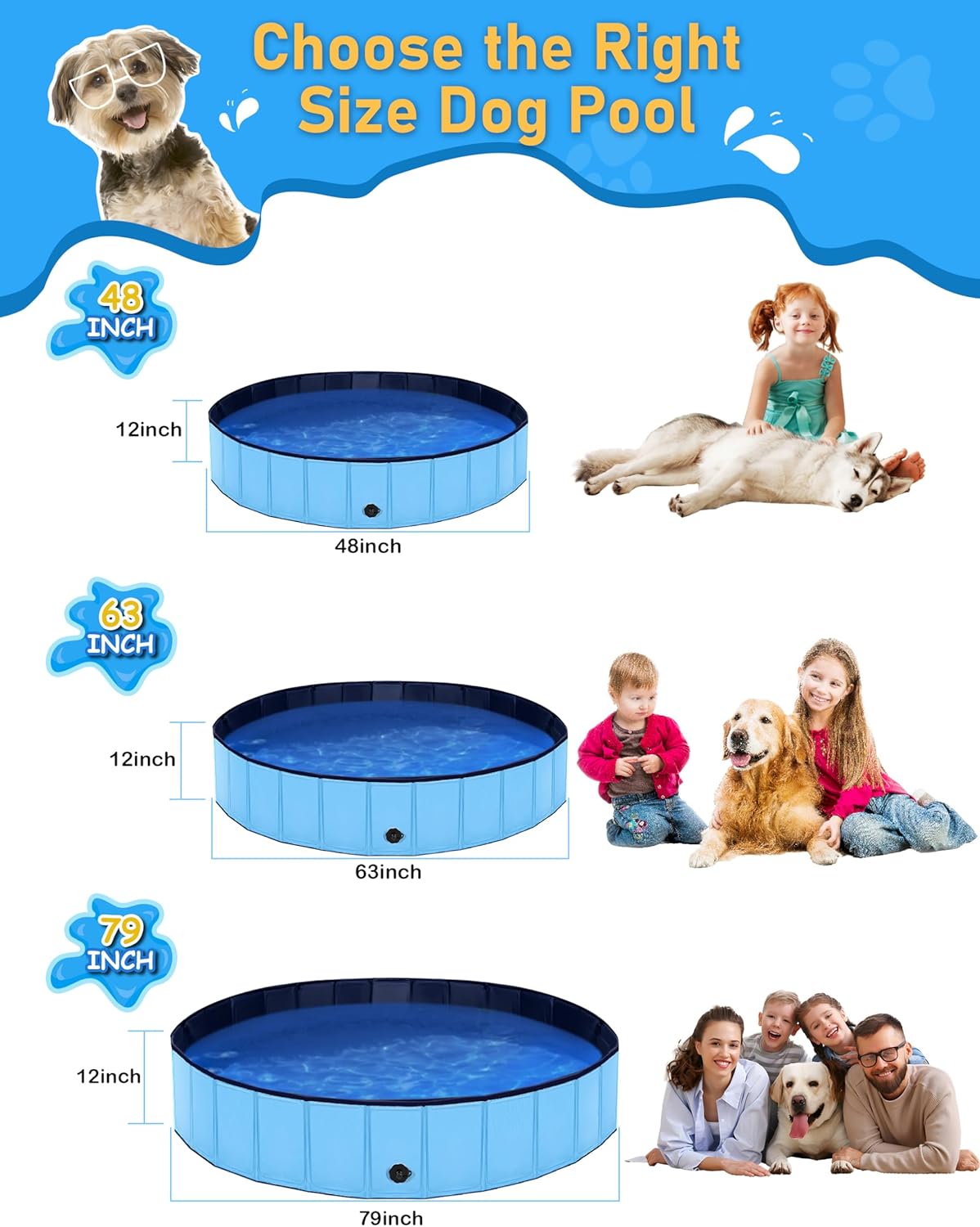 Foldable Dog Pool, Lexda Hard Plastic Shell Pet Swimming Pools for Large Dogs, Collapsible Plastic Pet Pool, Portable Bathing Tub for Dogs (79x12inch)