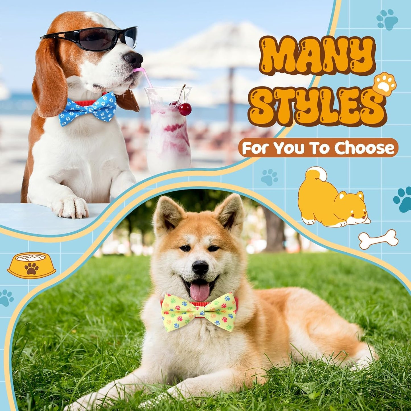 Hillban 50 Pieces Paw Print Dog Collar Bow Ties Colorful Paw Print Dog Collar Accessories Bow Ties Attachment with Elastic Bands Detachable Charms for Pets Collar Accessories Daily Costume