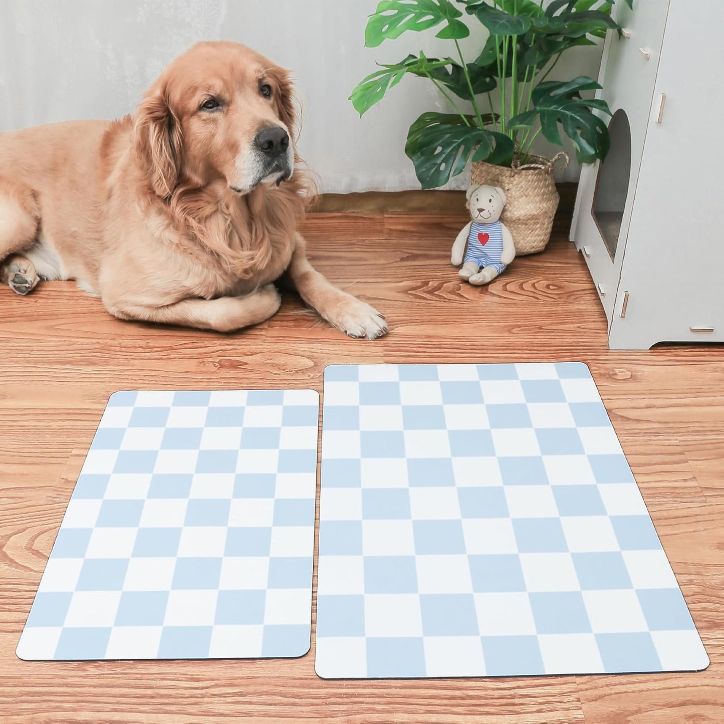 Ralxion Checkered Dog Feeding Mat, Absorbent Mats for Dog Food and Water Bowl, Dispenser, Retro Aesthetic Blue Checkerboard Pet Placemat for Dogs, Cats, Puppy Accessories, 12" X 19”