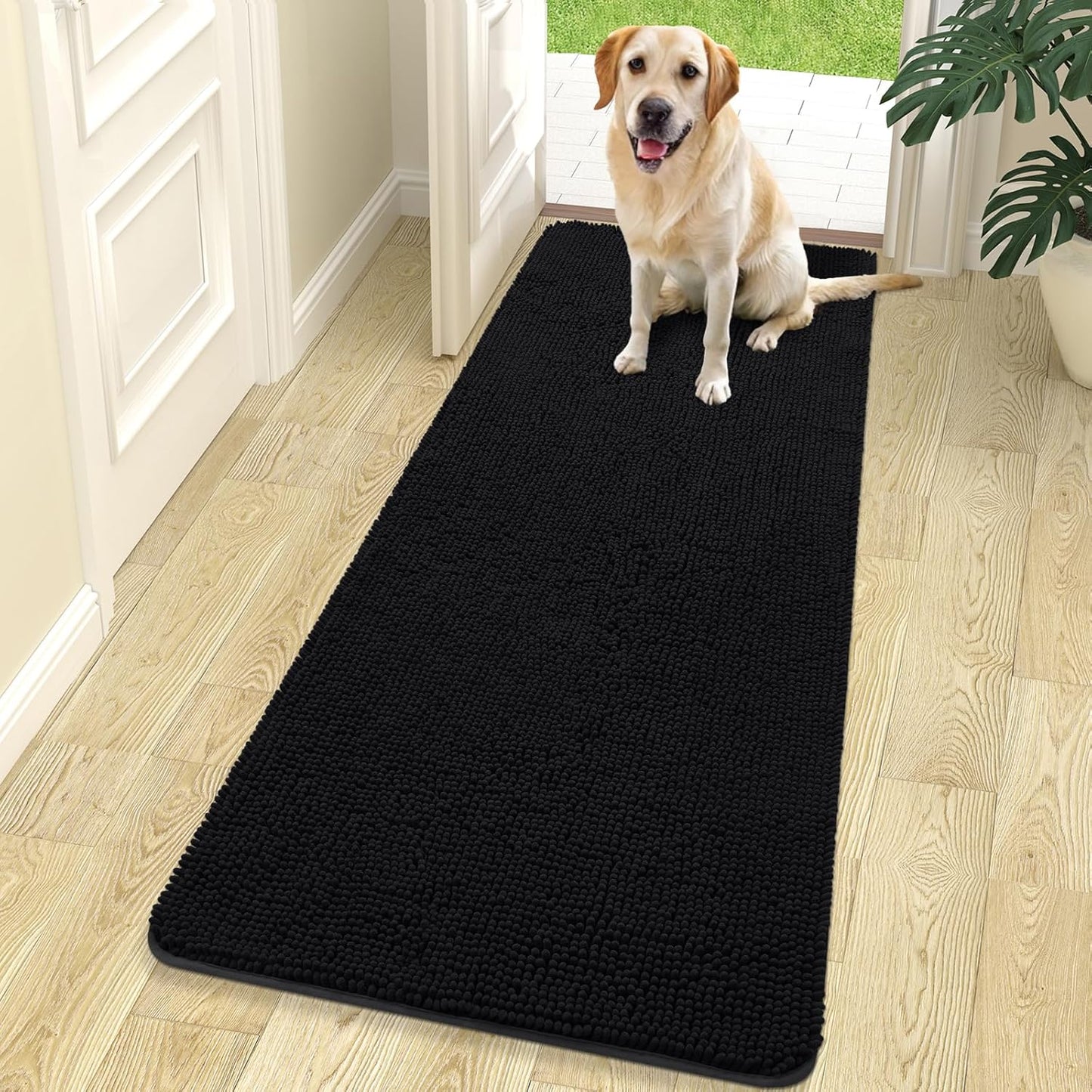 OLANLY Dog Door Mat for Muddy Paws 70x24, Absorbs Moisture and Dirt, Absorbent Non-Slip Washable Doormat, Quick Dry Chenille Mud Mat for Dogs, Entry Indoor Entryway Carpet for Inside Floor, Black