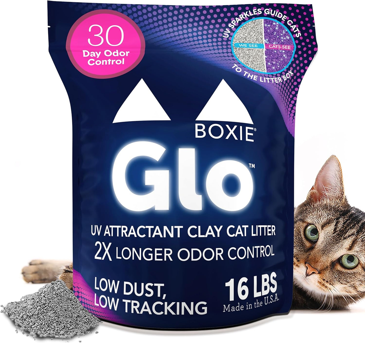 Boxie Glo Clumping Clay 30 Day Odor Control Cat Litter, 99.9% Dust-Free, Low Tracking, UV Light Attractant, 16 lb