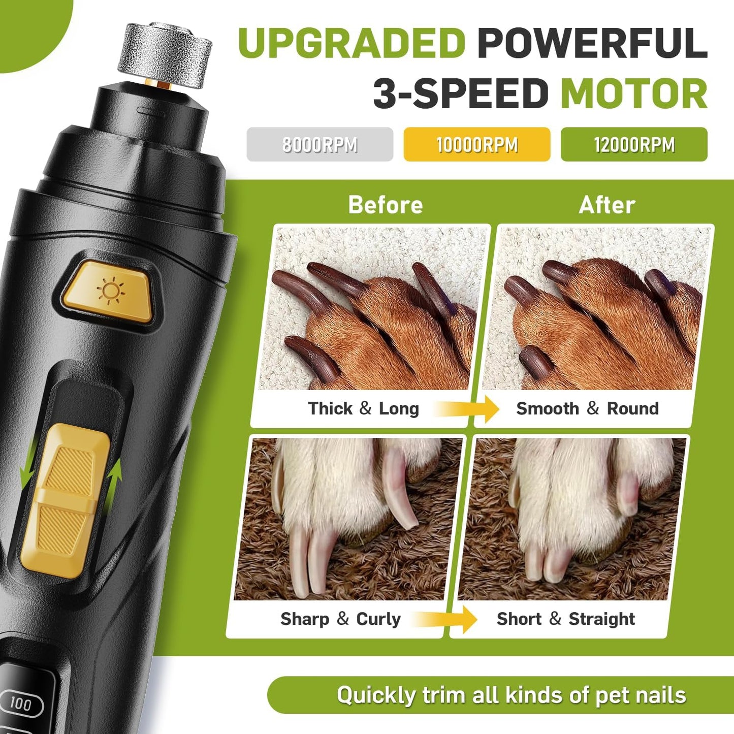 Dog Nail Grinder & Clipper 2-in-1 Set - 25dB Ultra Quiet with 3 Grinding Wheels & 2 LED Lights, Rechargeable for Large/Puppy Dogs & Cats, 3-Speed Adjustable for Anxious Pets