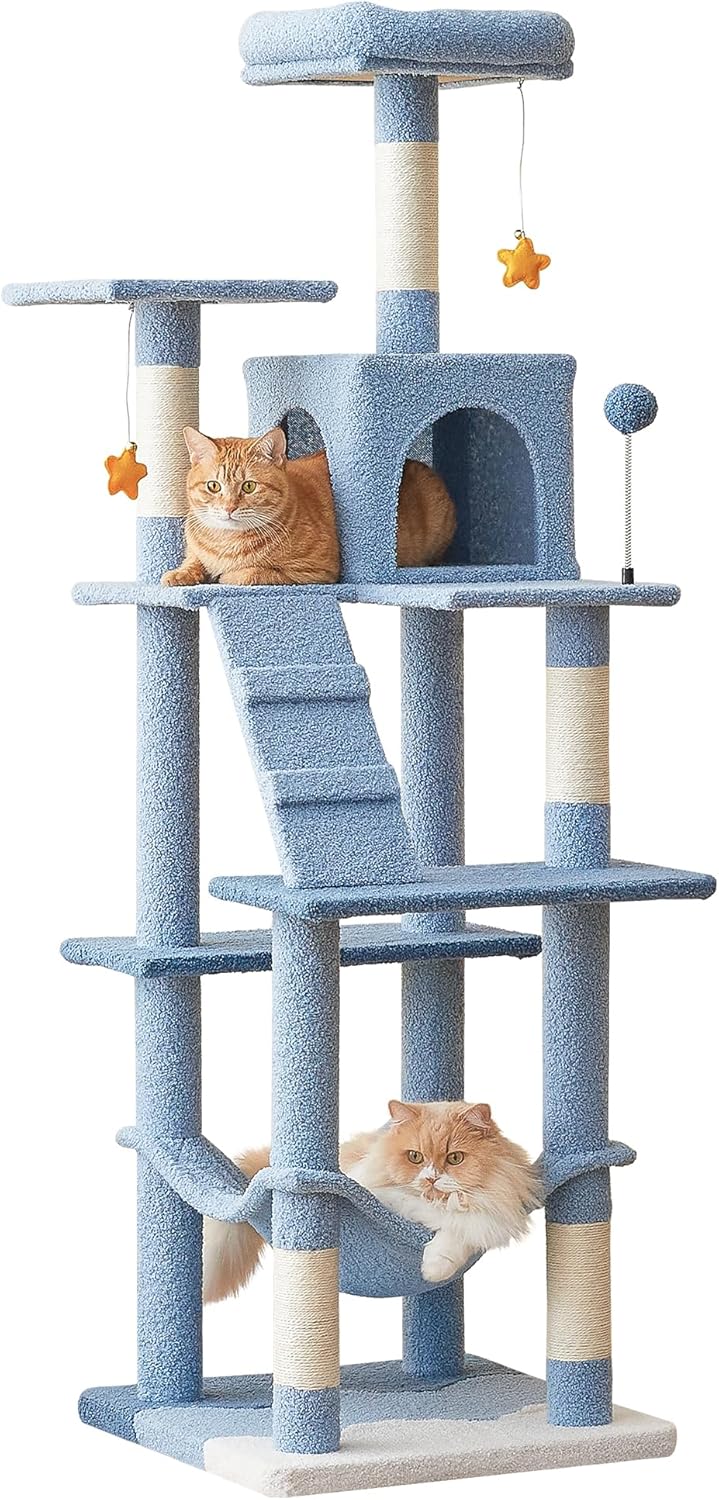 MWPO Ocean-Themed Cat Tree for Indoor Cats, 63.8 Inches Multi-Level Tower with Sisal-Covered Scratching Posts, Padded Platform, Hammock, Dangling Toys, Stable Condo Pet Play House, Blue