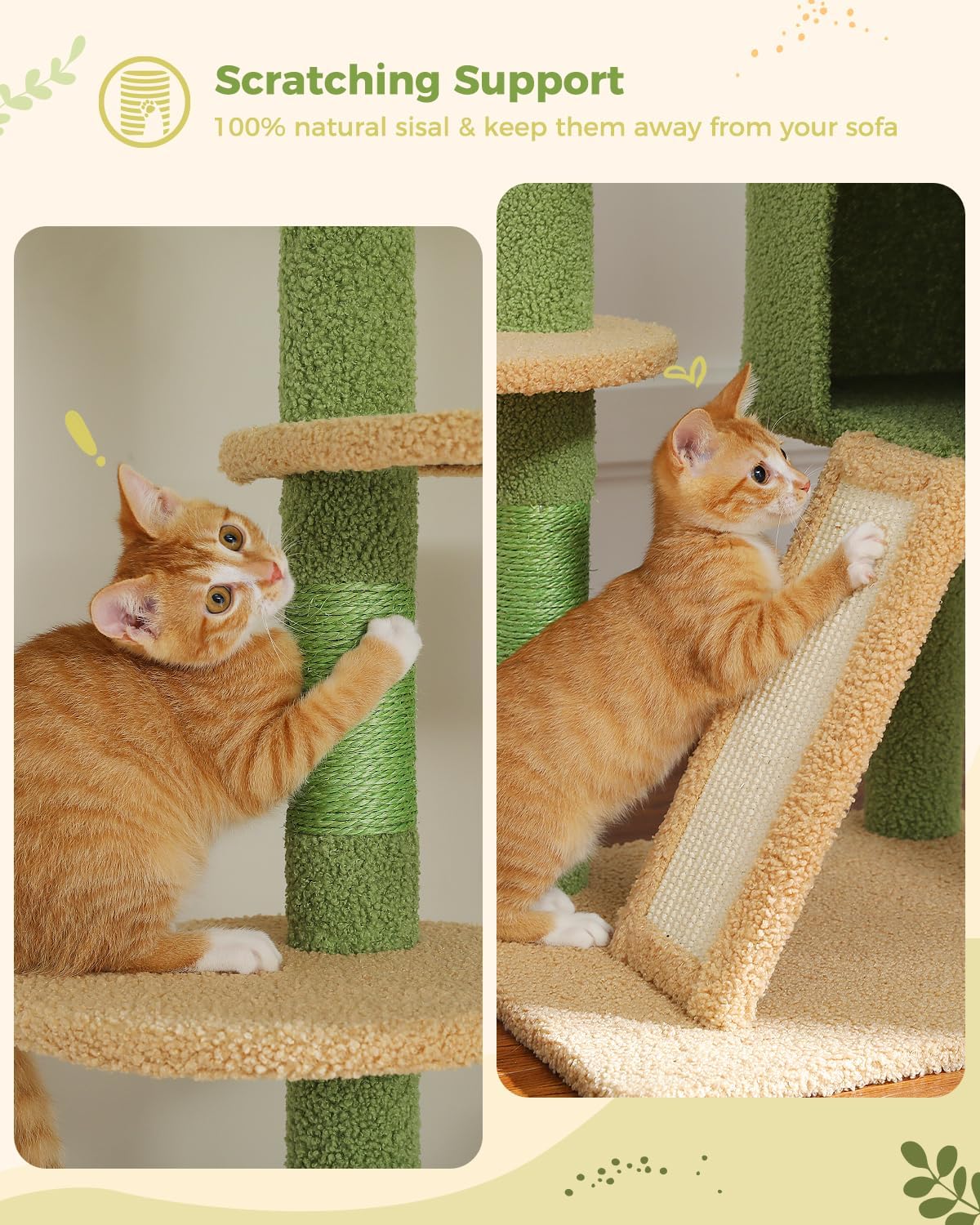 PEQULTI Tall Cat Tree, Floor to Ceiling Cat Tree Tower Adjustable [90.5''-100.4''=230-252CM] with Cat Condo, Cat Hammock and Scratching Post, Climbing Tree for Indoor Large Cats, Green