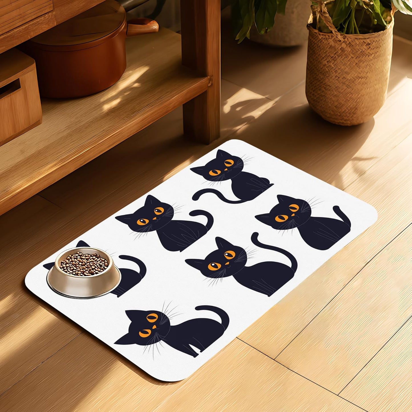 Cute Black Cats Dog Food Mat-Absorbent Pet Feeding Mat for Food and Water Bowl, Quick Dry Dog Placemat with Rubber Backing-No Stains Pet Supplies for Messy Drinkers 12"x20"