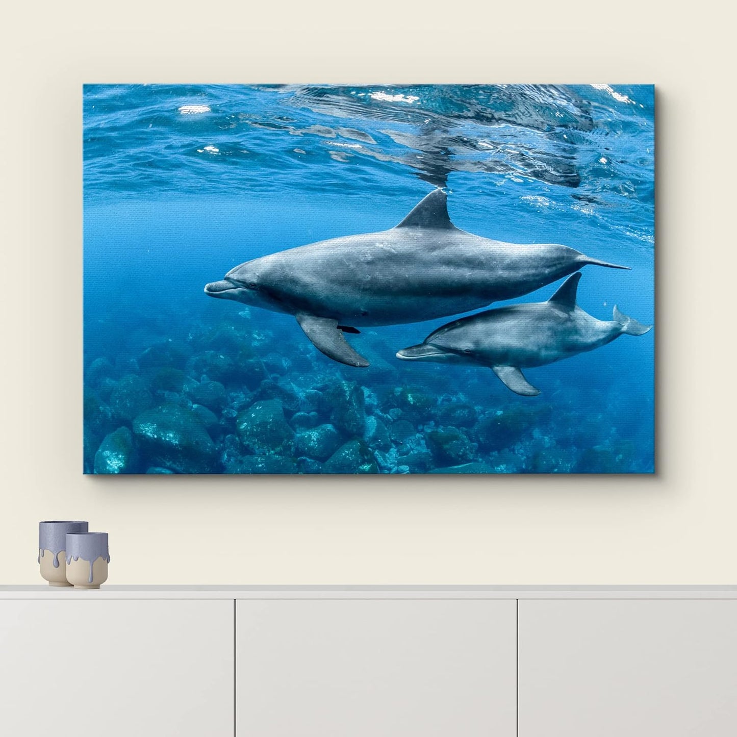 wall26 Canvas Print Wall Art Tropical Ocean Sea Underwater Dolphin Duo Nature Animals Photography Realism Rustic Scenic Landscape Wilderness Earth Colorful for Living Room, Bedroom, Office - 24"x36"