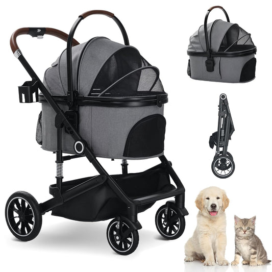 Pet Stroller with 4 Wheels, 3 in 1 Folding Puppy Strollers for Small/Medium Dogs Cats up to 50lbs, Lightweight Pet Travel Carrier with Detachable Cushion, Storage Basket and Cup Holder, Gray
