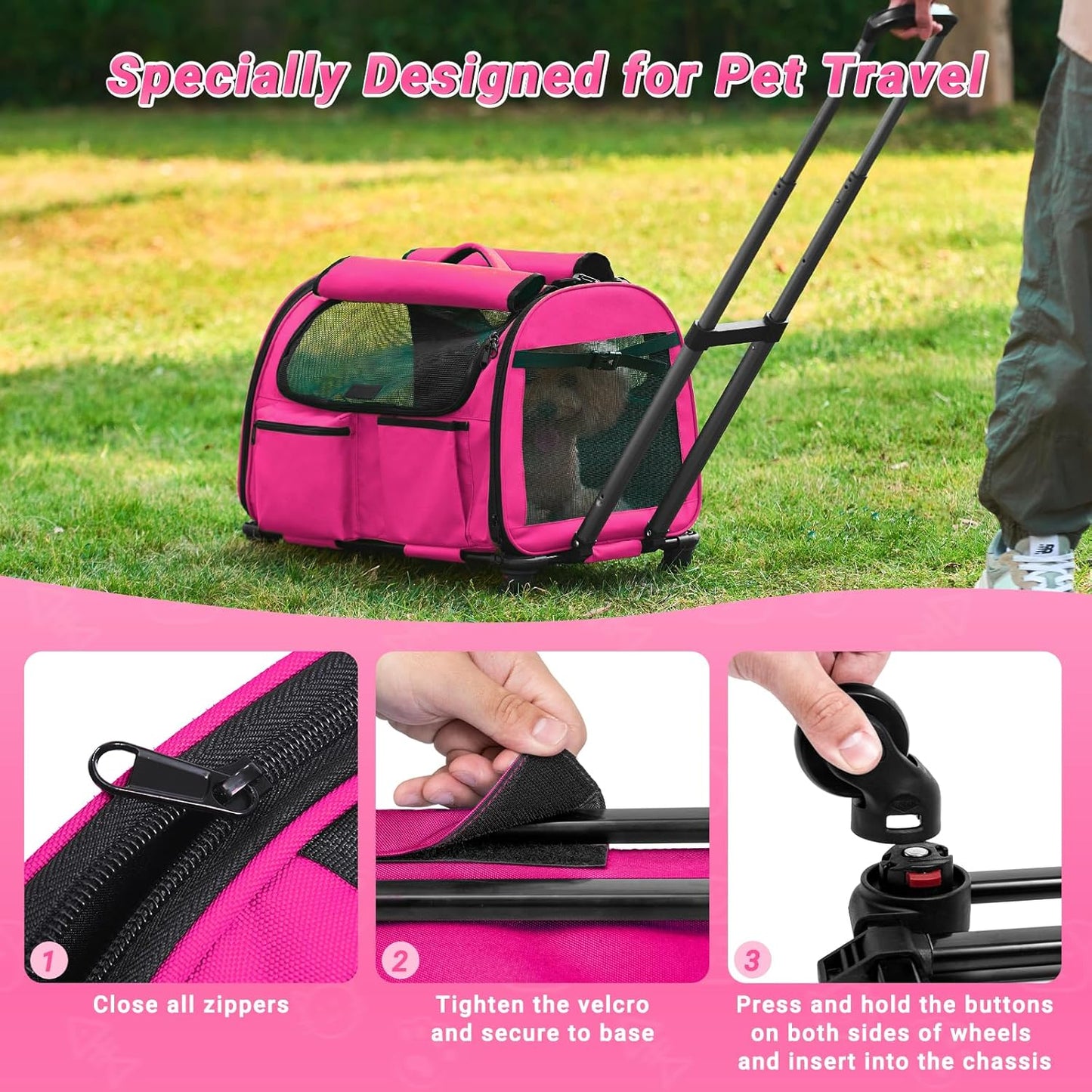 Large Pet Carrier with Wheels, Foldable Rolling Dog Carrier with Big Pocket, Cat Rolling Bag 21"x13"x13"for 2 Cats &Dogs, Use for Travel, Outdoor, Vet Visits, Camping, Indoor. Pink