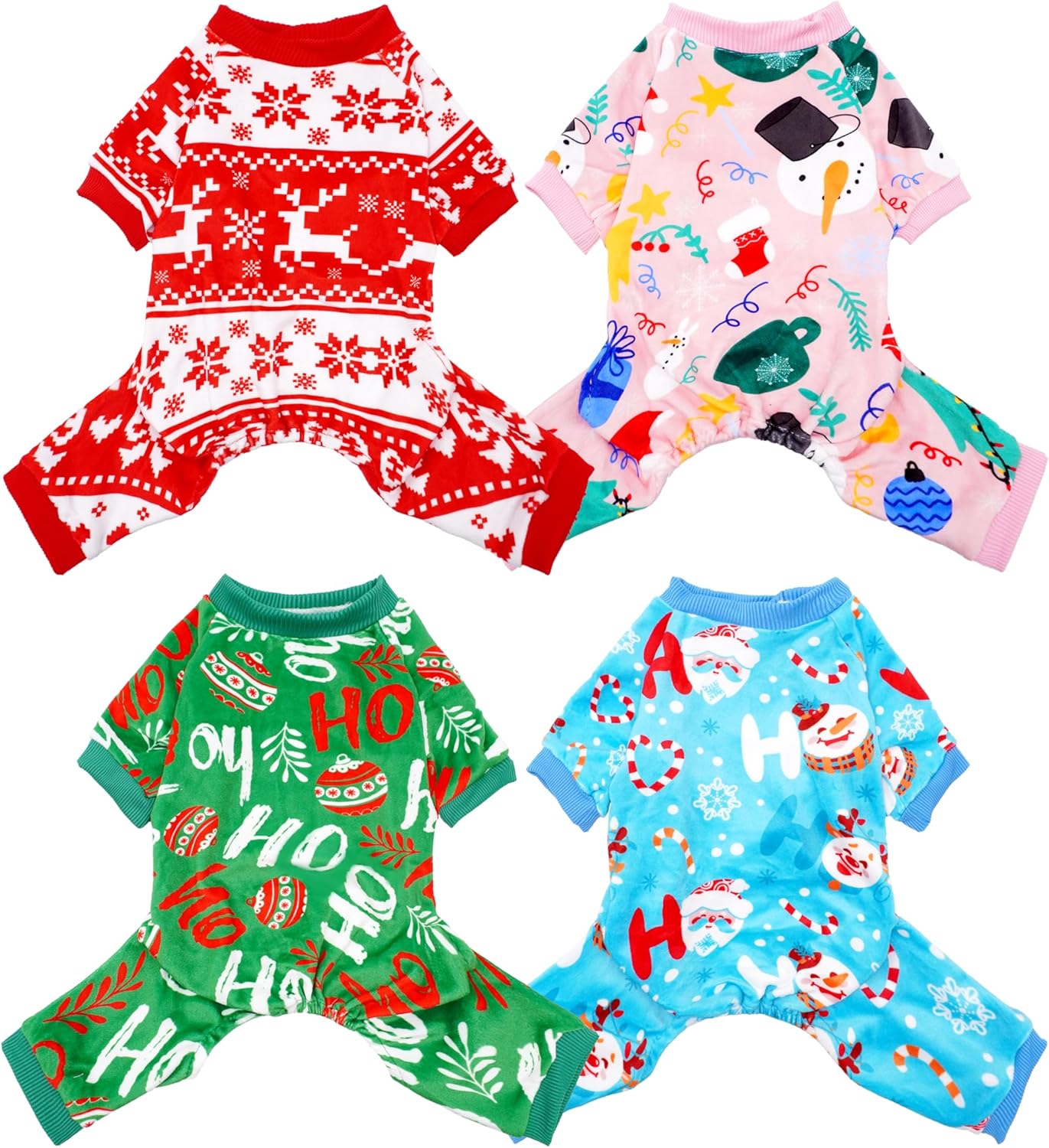 PET SHOW 4 Pack Small Dog Christmas Pajamas Holiday Dog Clothes for Medium Dogs Girl Boy Soft Stretchy PJs Xmas Jumpsuit Puppy Cats Onesies Red Green Outfits with Sleeve Pets Dachshund Costume L