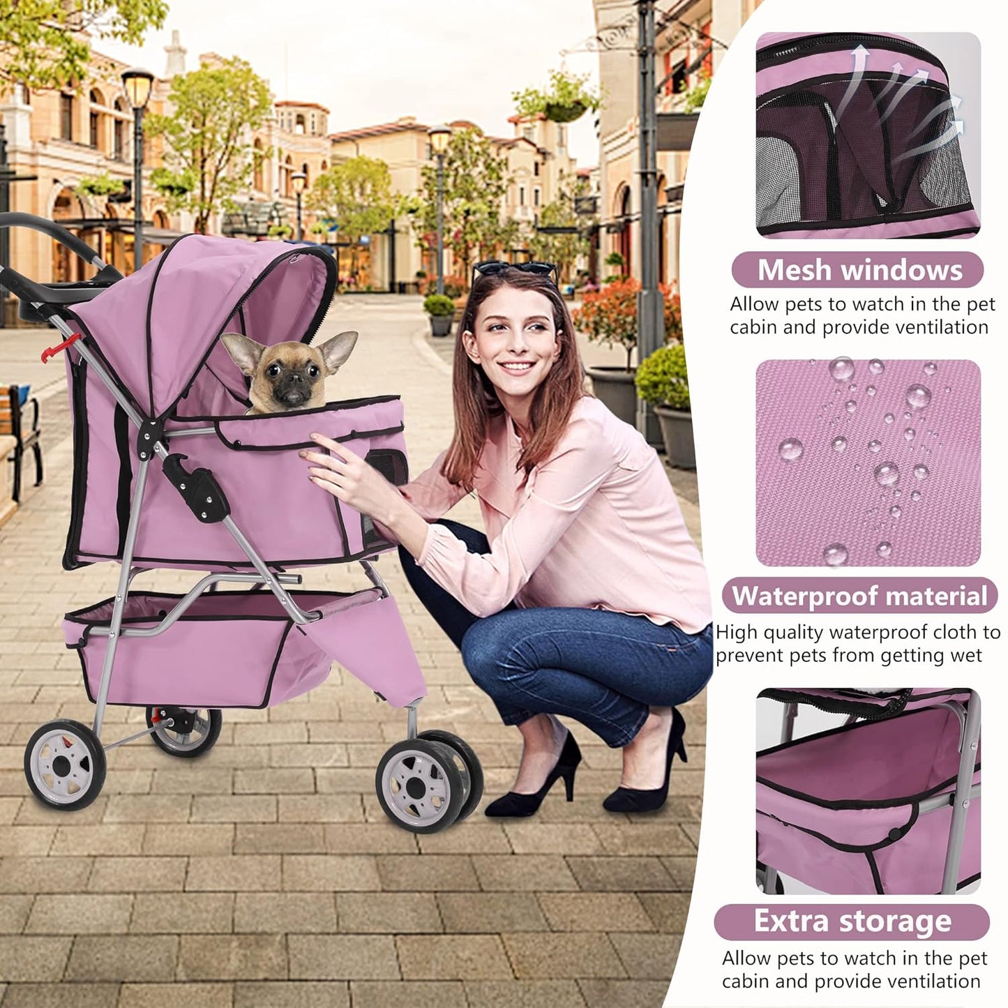 Dog Stroller,3 Wheels Travel Folding Pet Stroller for Small Medium Dog Cat Jogger Stroller with Storage Basket Removable Liner Pink