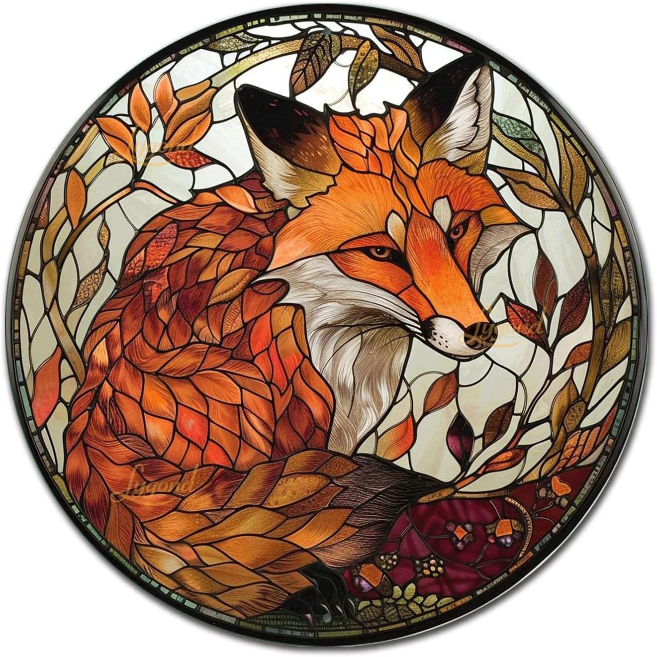 Lygond Metal Sign Tin Sign Circular Stained Glass Red Fox2 Gardening Sign for Yard 8×8 Inches