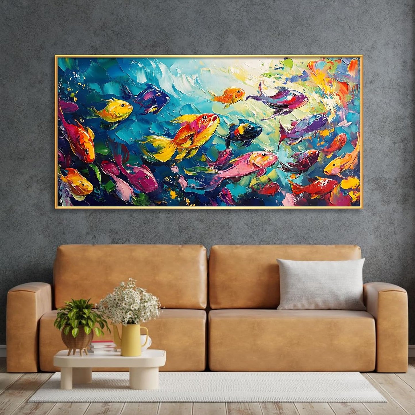 School of Fish Printed Canvas Wall Art – Framed Abstract Ocean Print – Vibrant Fish Wall Decor for Living Room, Bedroom, Office (Gold Framed, 39"x19"|100x50cm)