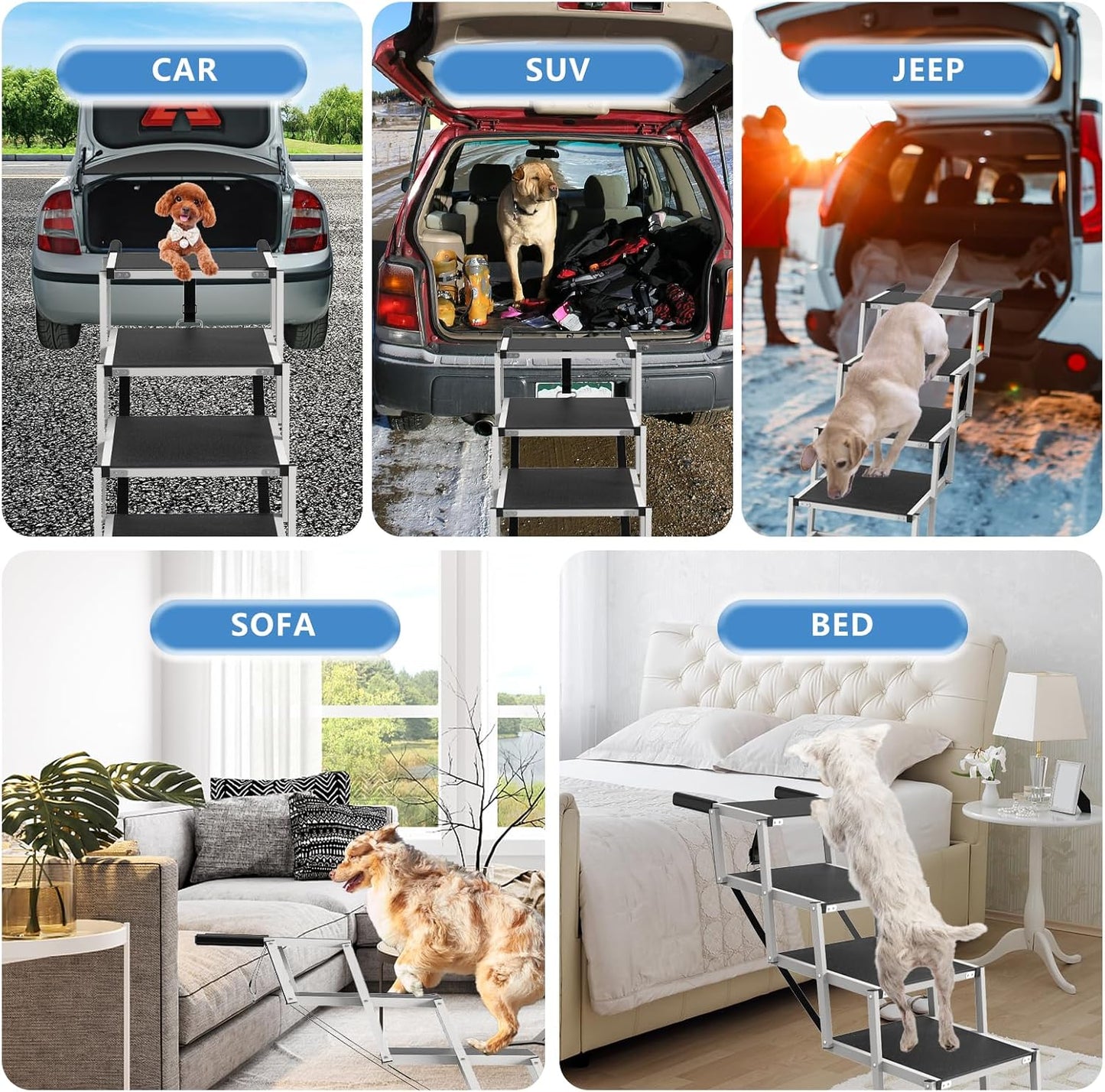 Dog Stairs for Large Dogs - 5 Step Foldable Dog Ramp for Car Non-Slip Surface Support up to 230lbs - Suitable for SUV,Truck, Sofas, Bed