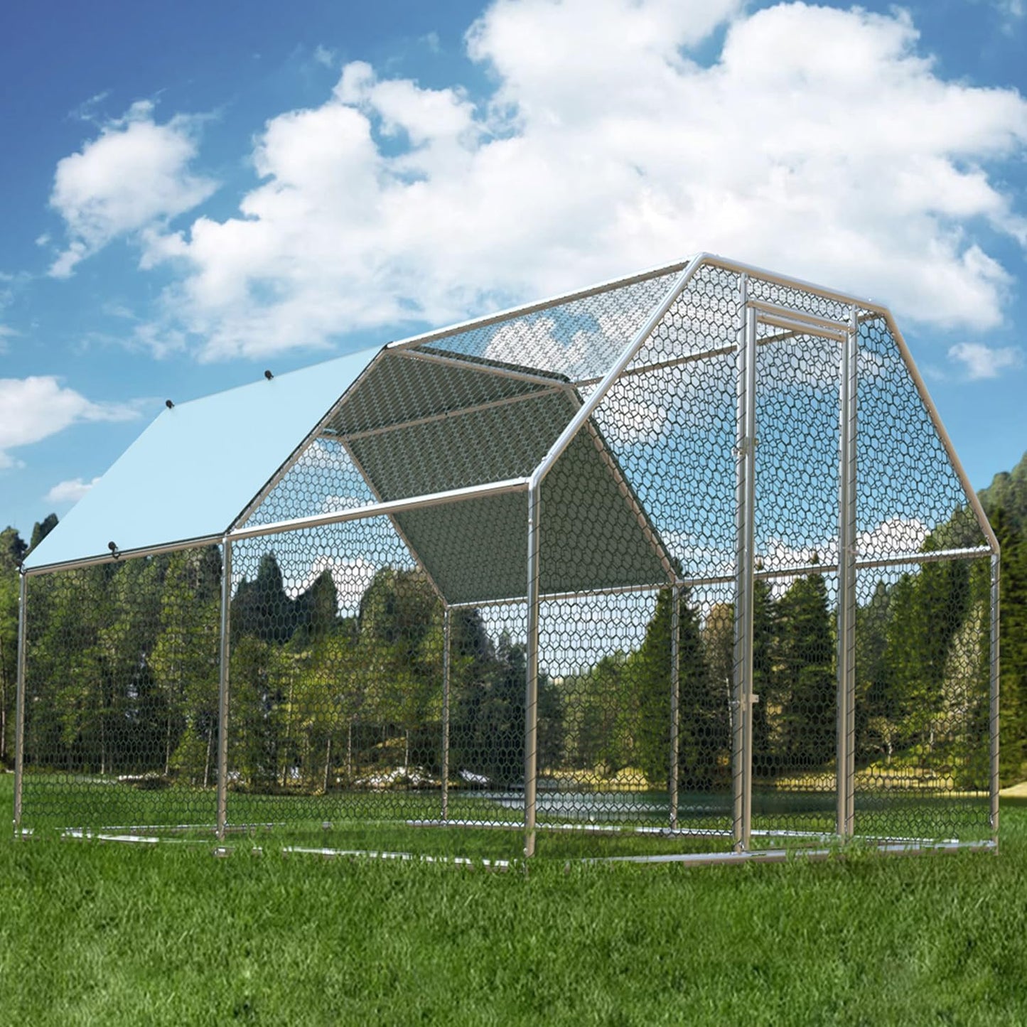 1.26'' Chicken Runs for Yard with Cover, Large Metal Chicken Run Walk in Metal, Outside Dog Kennel with Roof, Flat Roofed Outdoor Kennel for Cats(9.2’L x12.5’Wx 6.4’H)