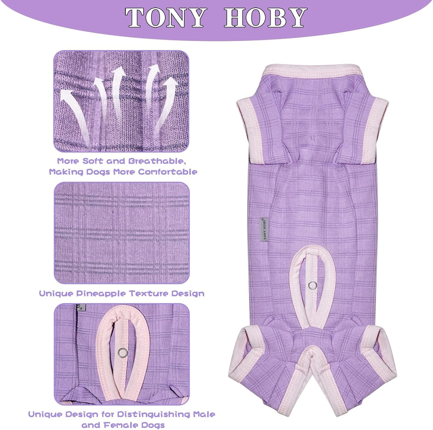TONY HOBY Dog Pajamas, Dog Recovery Suit After Surgery, Soft Dogs Jumpsuit Shirts for Small Medium Dogs (Purple, Boy, L)