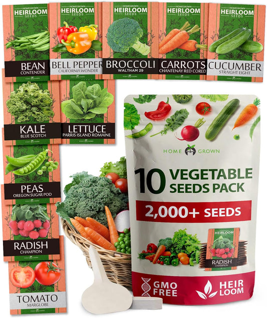 HOME GROWN 𝗨𝗦𝗔 𝗣𝗥𝗘𝗠𝗜𝗨𝗠 10 Variety Vegetable 2,000+ 𝗡𝗢𝗡-𝗚𝗠𝗢 Seeds (Kale Lettuce Tomato Broccoli Beans Peas Bell Peppers Carrot Cucumber Radish) – Indoor & Outdoor Garden Survival Seeds