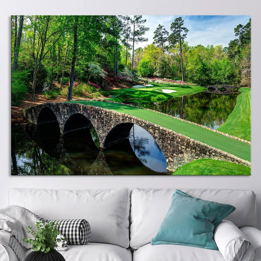 Nature Wall Art Prints - Ocean Forest Mountain Lake Canvas Landscapes - Small to Extra Large Living Room Bedroom Kitchen Bathroom Décor (Golf Course with Stone Bridge, 28L" x 41W")