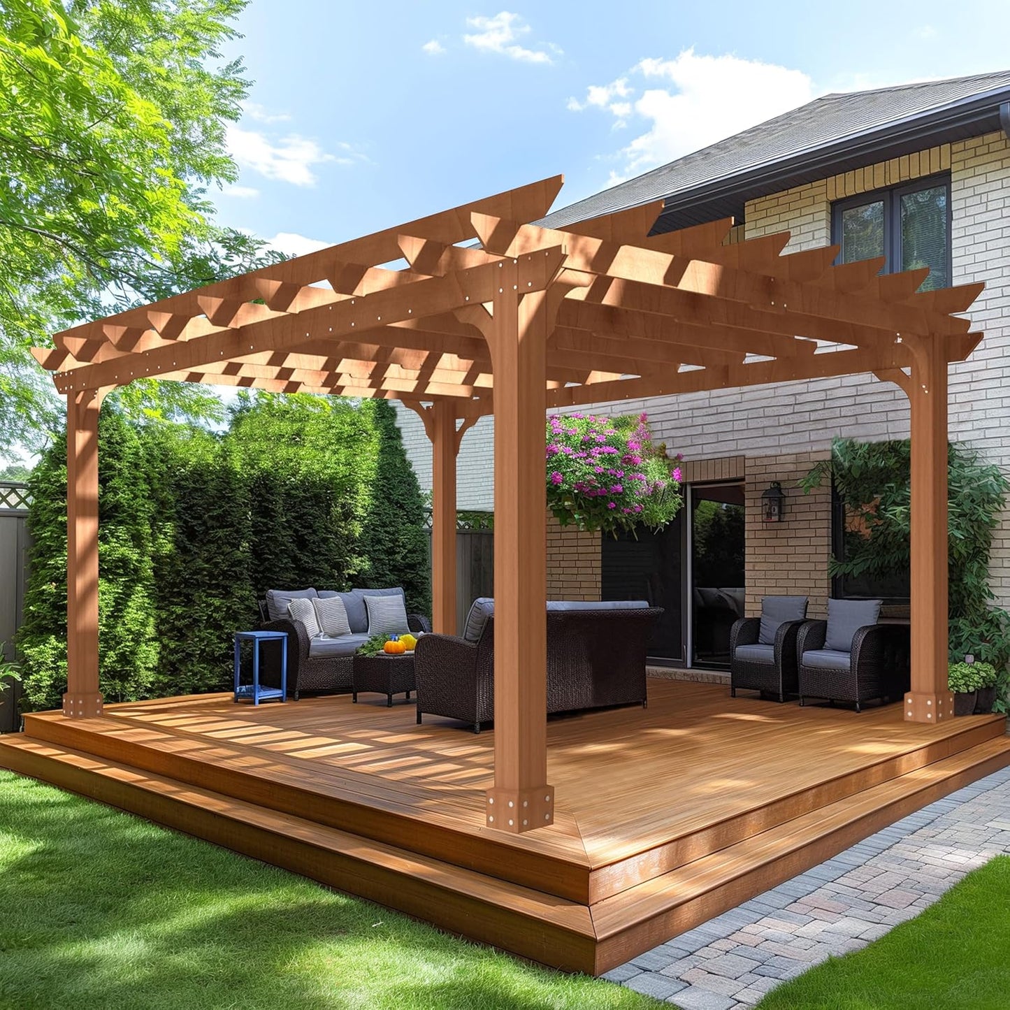 MUPATER 12x14 FT Wooden Pergola, Cedar Pergola Kit with Roof, Outdoor Garden Shelter for Backyard, Deck, Lawn, Pool, Natural