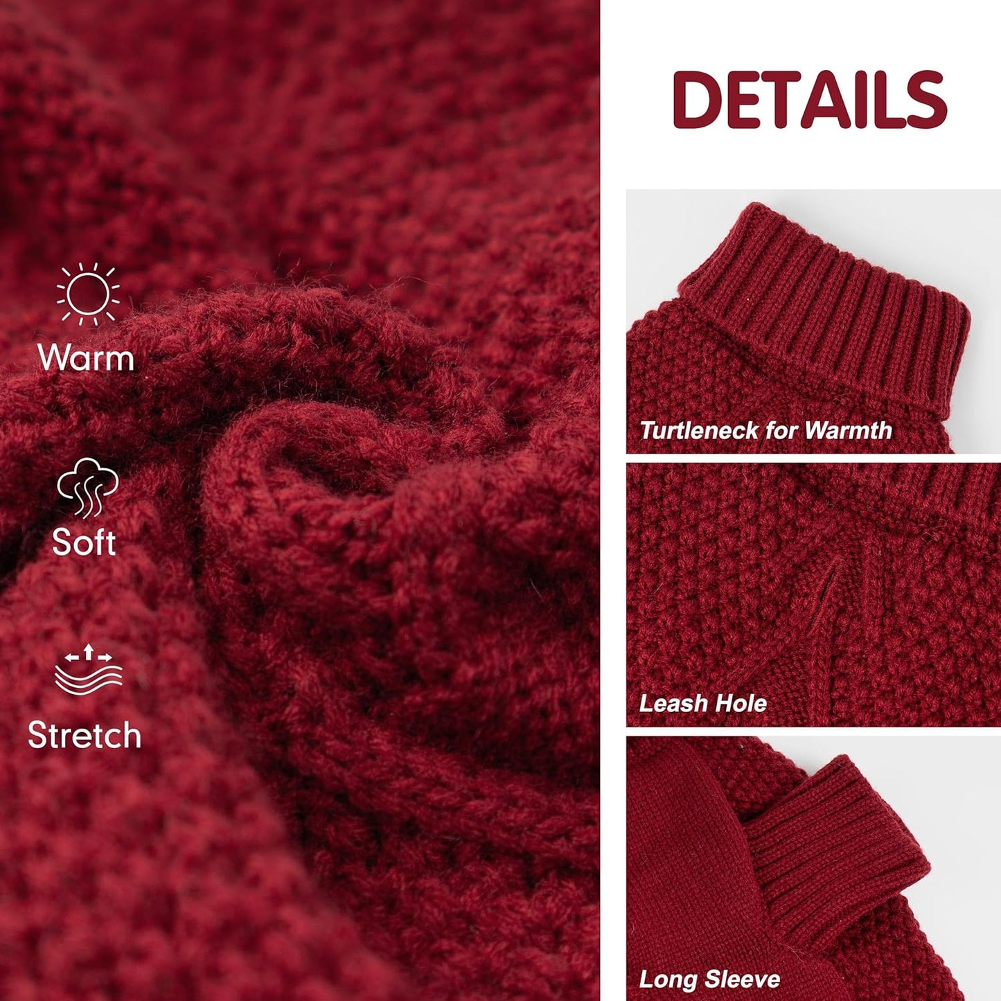 cyeollo Dog Sweater Turtleneck Soft Knitted Sweaters with Leash Hole Warm Cozy Dog Clothes for Large Dogs, Burgundy 2XL