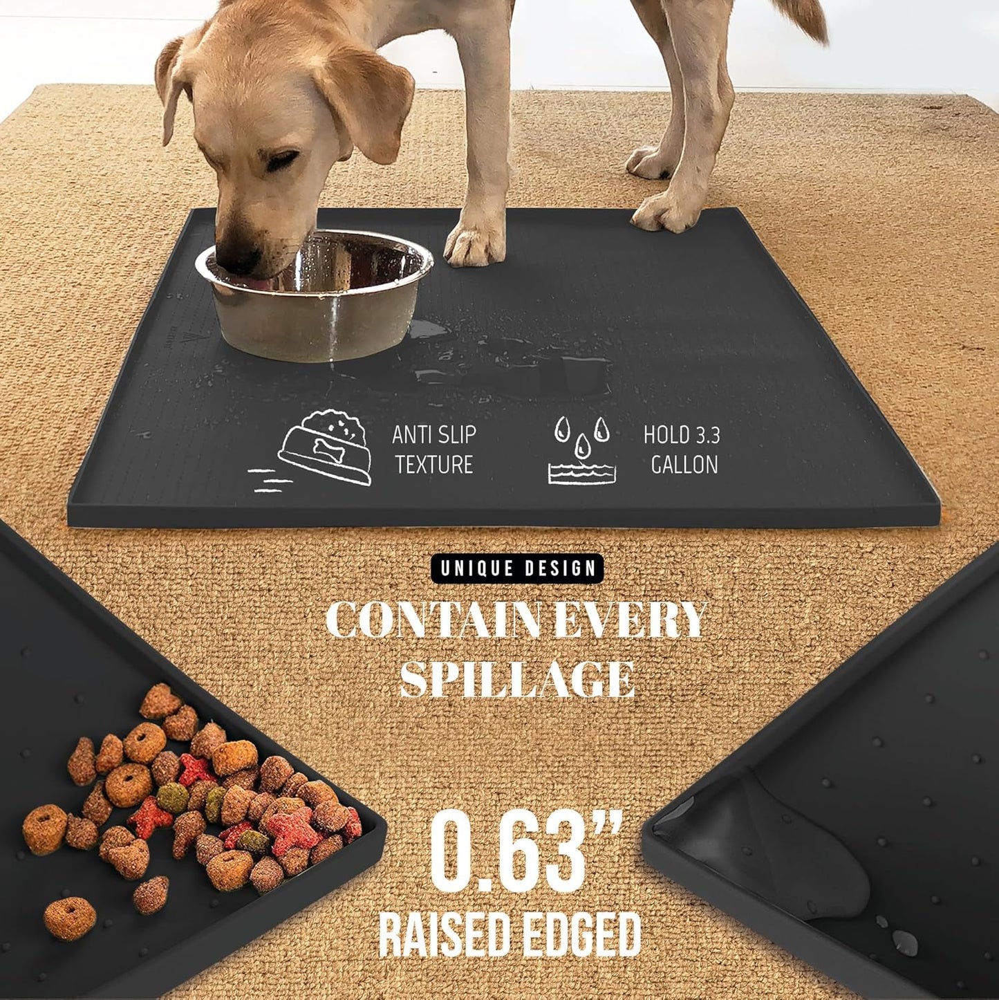 AVERYDAY 32x24'' Silicone Dog Mat for Food and Water, 0.63'' Edge Dog Food Bowl Mats for Floor Waterproof, Dogs Water Mat for Sloppy Drinker, Non Slip Rubber Pet Feeding Mats for Indoor Dogs and Cats