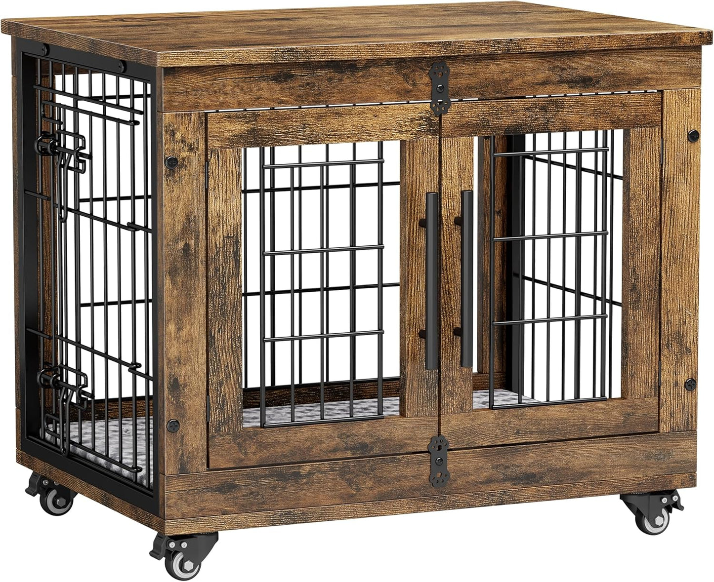 Lulive Small Dog Crate Furniture Set of 2, Dog Kennel Indoor Double Doors Wooden Dog Cage, 27' Heavy Duty Dog Crate with Cushion & Wheels, End Table Pet House Chew-Resistant Up to 30 lb, Rustic Brown