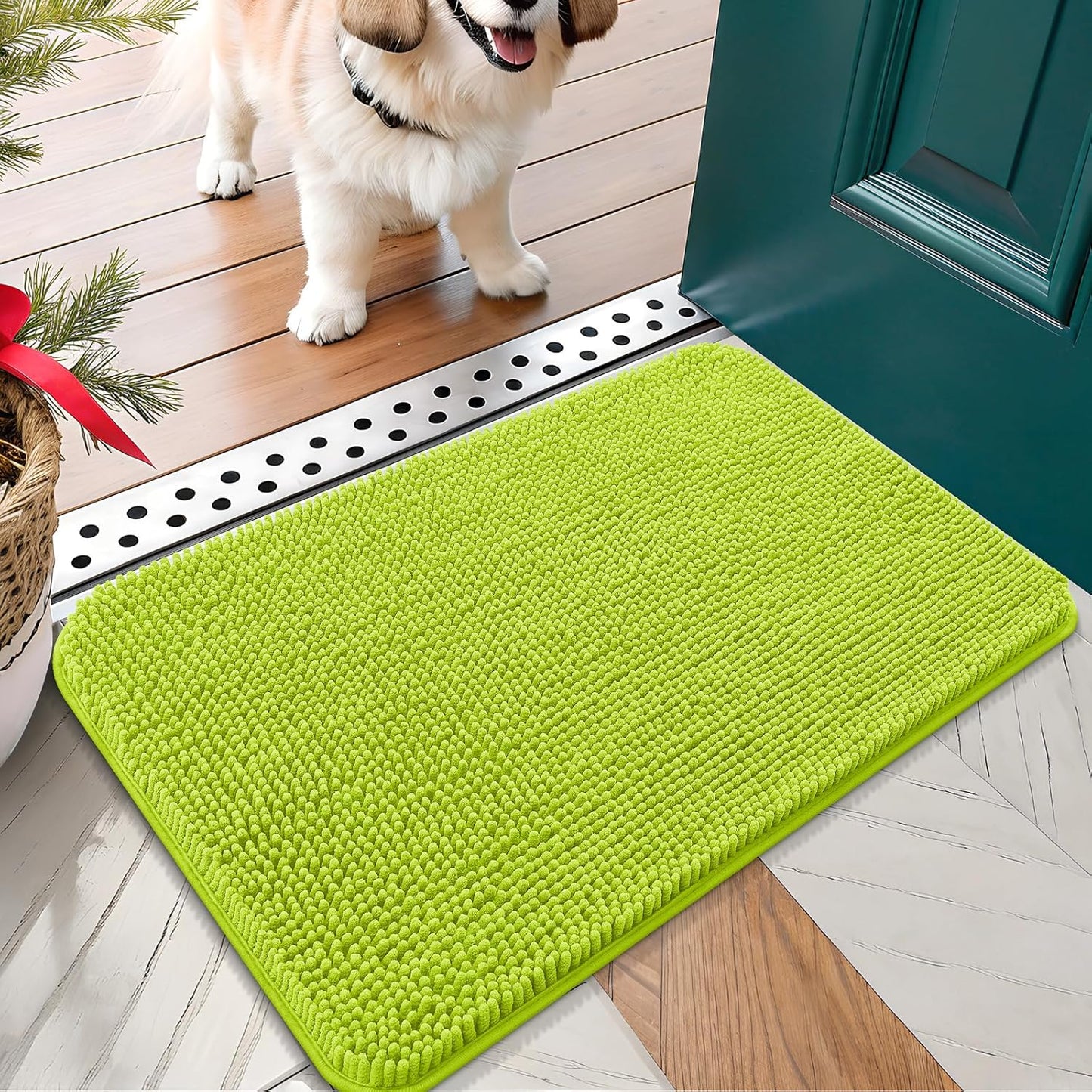 OLANLY Dog Door Mat for Muddy Paws 24x16, Absorbs Moisture and Dirt, Absorbent Non-Slip Washable Doormat, Quick Dry Chenille Mud Mat, Entry Indoor Entryway Carpet for Inside Floor, Bright Green