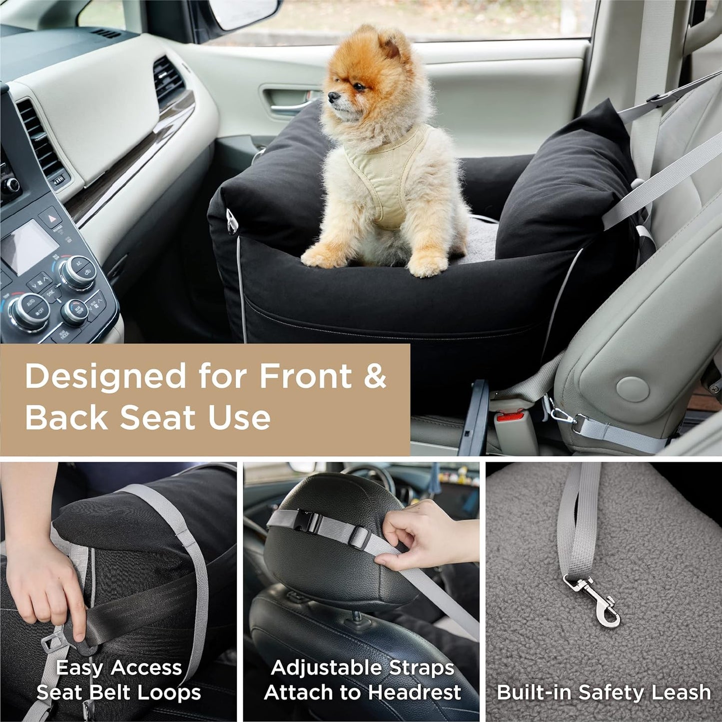 Lesure Small Dog Car Seat for Small Dogs - Waterproof Dog Booster Car Seat with Storage Pockets, Clip-On Safety Leash and Thickened Memory Foam Filling, Pet Carseat Puppy Travel Carrier Bed, Black