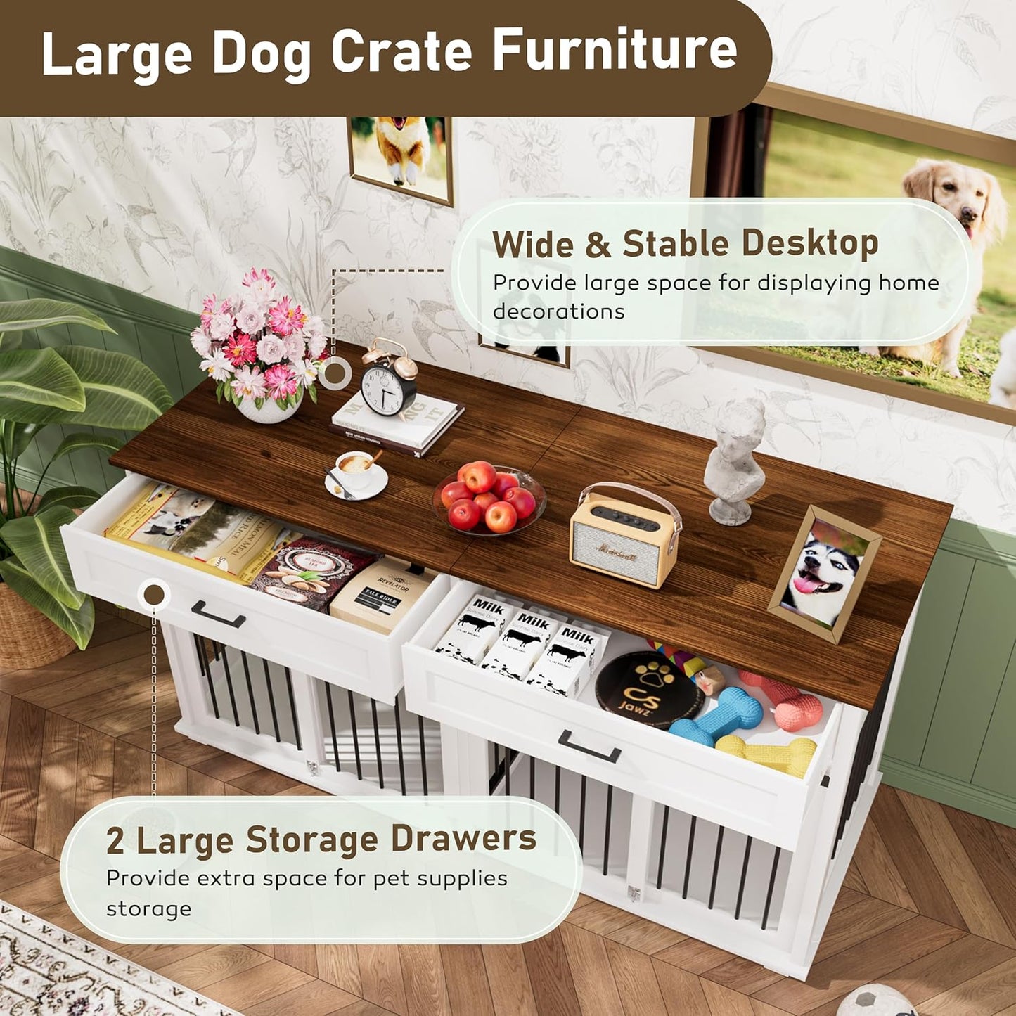 MUPATER 63" L x 23.6" W x 33.3" H Double Wooden Dog Cage Table with 2 Large Drawers & Safety Locks, Large Dog Crate Furniture for 2 Dogs with Removable Divider, Decorative Indoor Dog Kennel Furniture