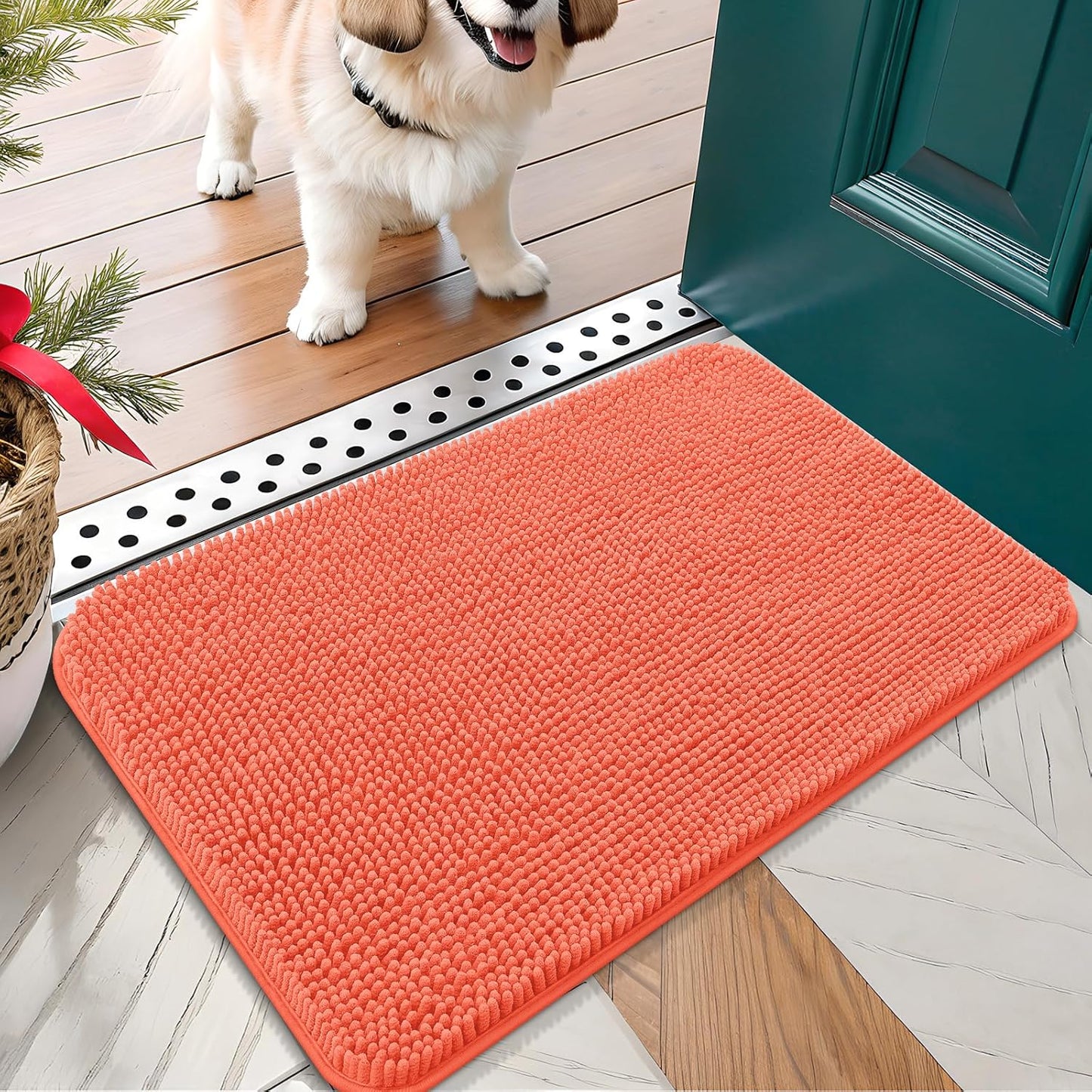 OLANLY Dog Door Mat for Muddy Paws 24x16, Absorbs Moisture and Dirt, Absorbent Non-Slip Washable Doormat, Quick Dry Chenille Mud Mat for Dogs, Entry Indoor Entryway Carpet for Inside Floor, Coral