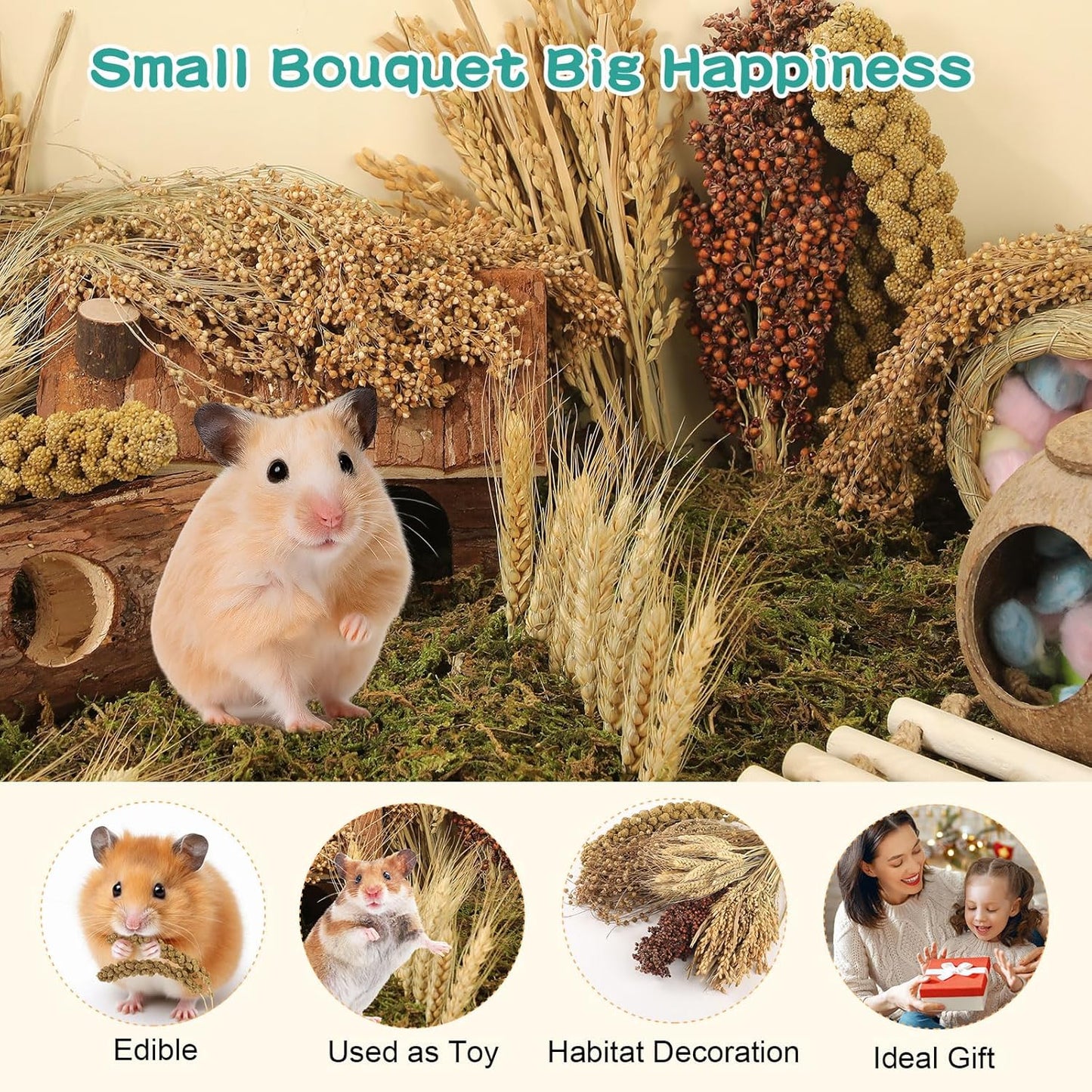Hamster Spray Set - Natural Snack Grains & Chew Toys for Cage Decoration Accessories, Soft Bedding for Dwarf Syrian Hamsters, Gerbils, Mice & Small Pets