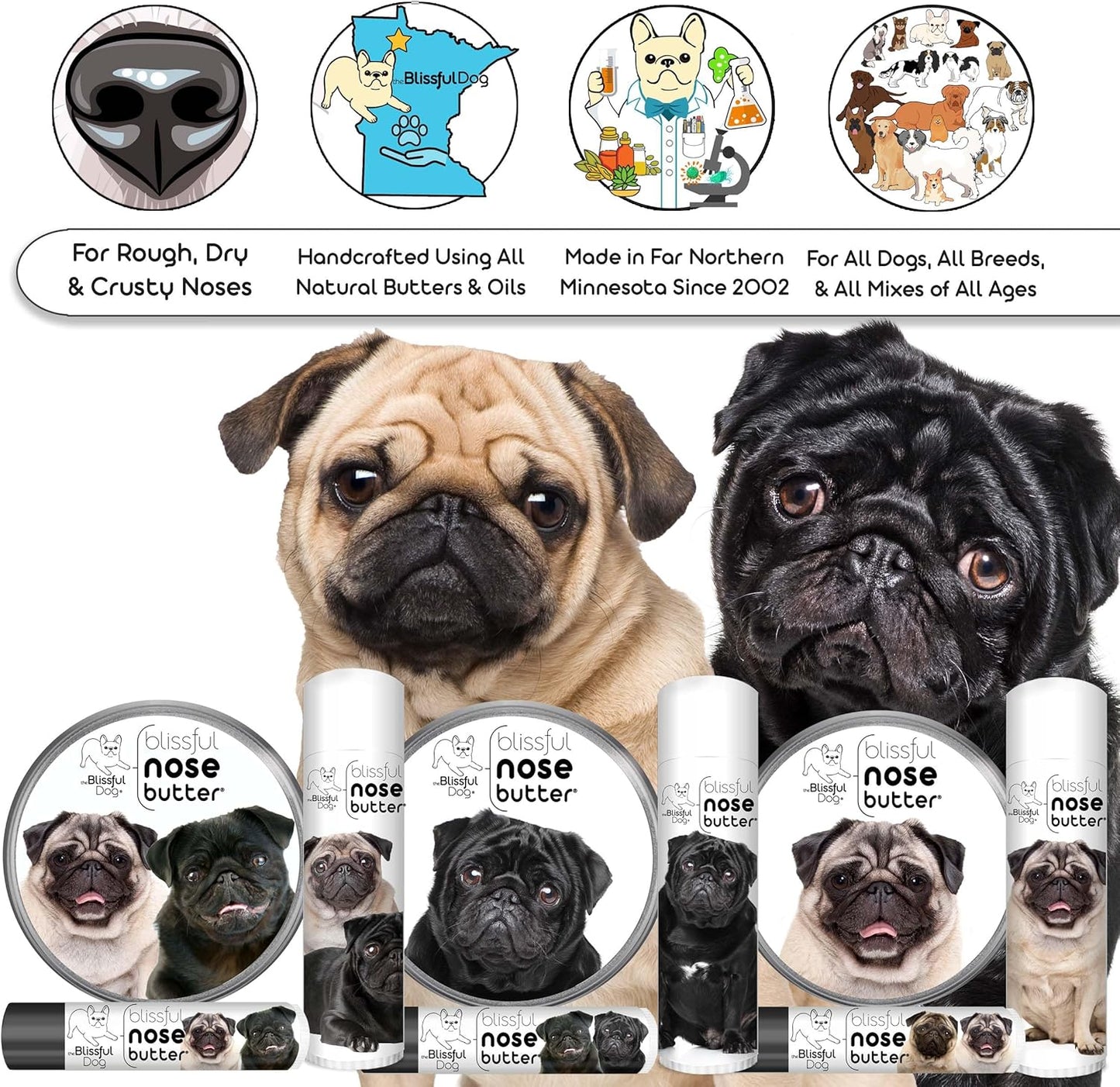 The Blissful Dog Pug Duo Nose Butter for Dry, Cracked Skin, Lick-Safe Dog Nose Balm with Moisturizing Shea Butter, Almond, Olive, and Essential Oils, Pet Supplies, Uncented, 1 oz.