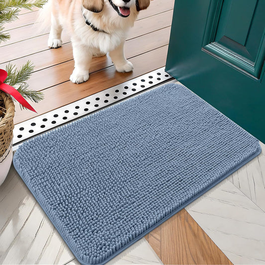 OLANLY Dog Door Mat for Muddy Paws 24x16, Absorbs Moisture and Dirt, Absorbent Non-Slip Washable Doormat, Quick Dry Chenille Mud Mat for Dogs, Entry Indoor Entryway Carpet for Inside Floor, Airy Blue