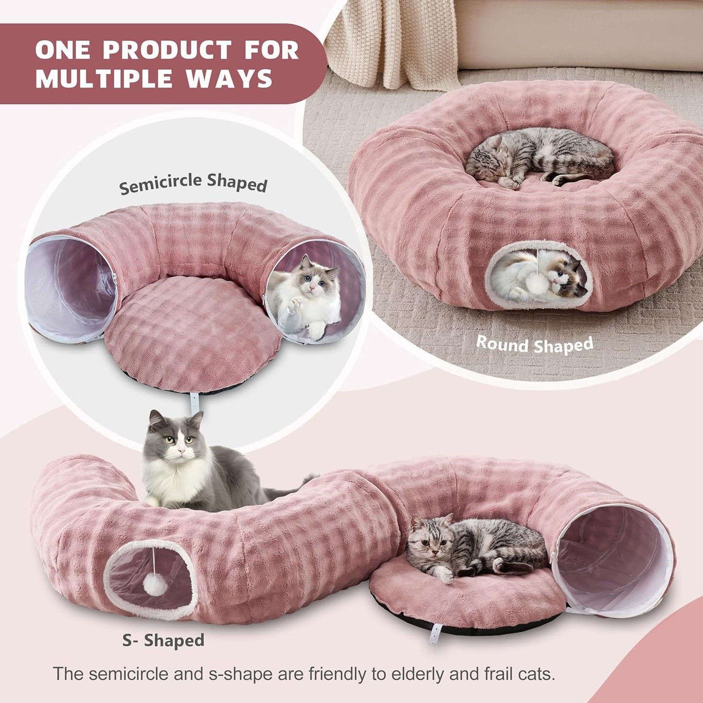 Bubble Cat Tunnel for Indoor Cats, Round Peekaboo Cave Toy with Dangling Balls, Donut Tunnel Bed with Circle Mat for Puppy Kitten Rabbit, Dusty Pink