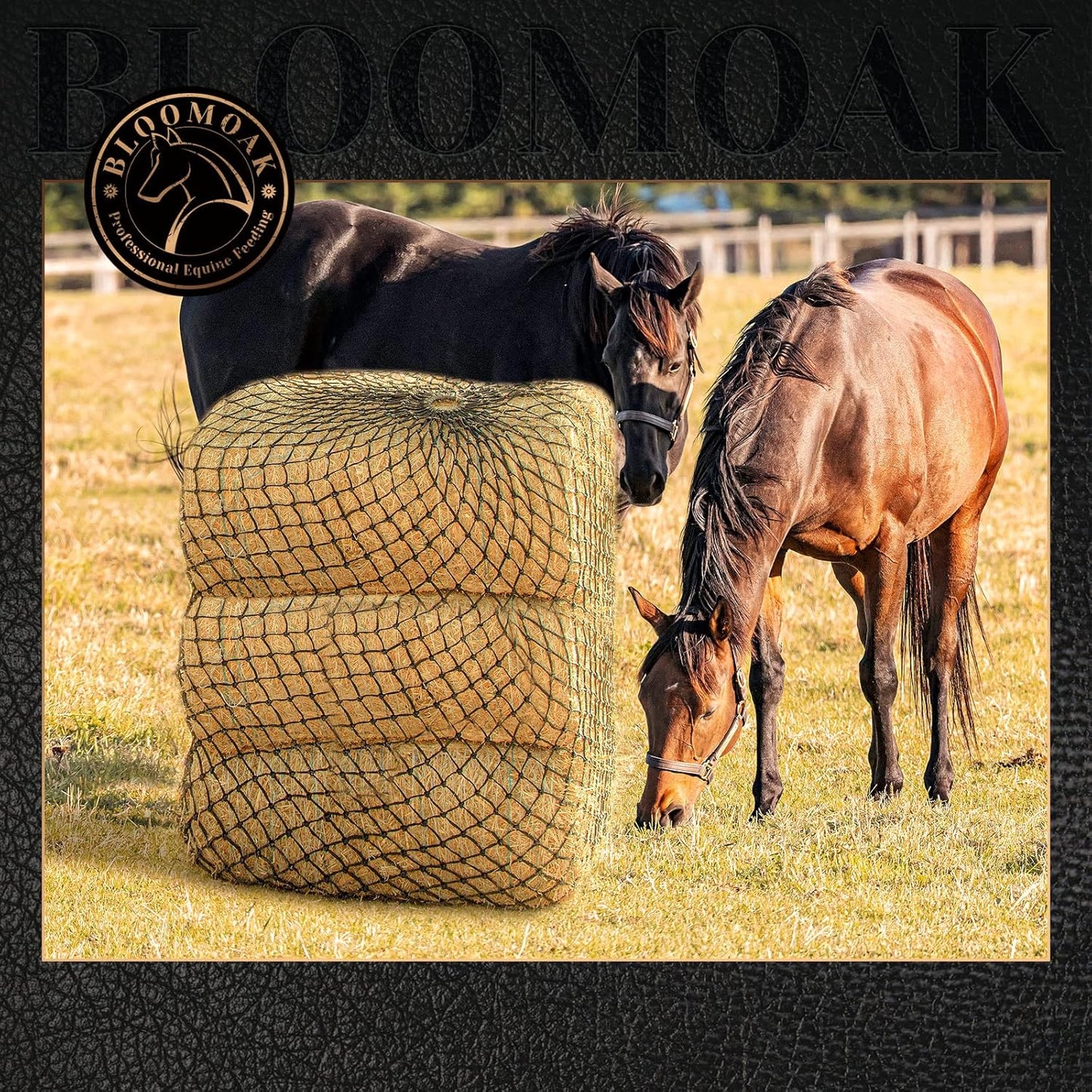 Bloomoak Slow Hay Net Feeder for Horses, Durable Soft Black PE 2/3 String Hay Bales Bags, Fit 36x18x18 to 47x25x17 Inches, Extends 50-64 Inches (3 1.6" Hole/1PC)